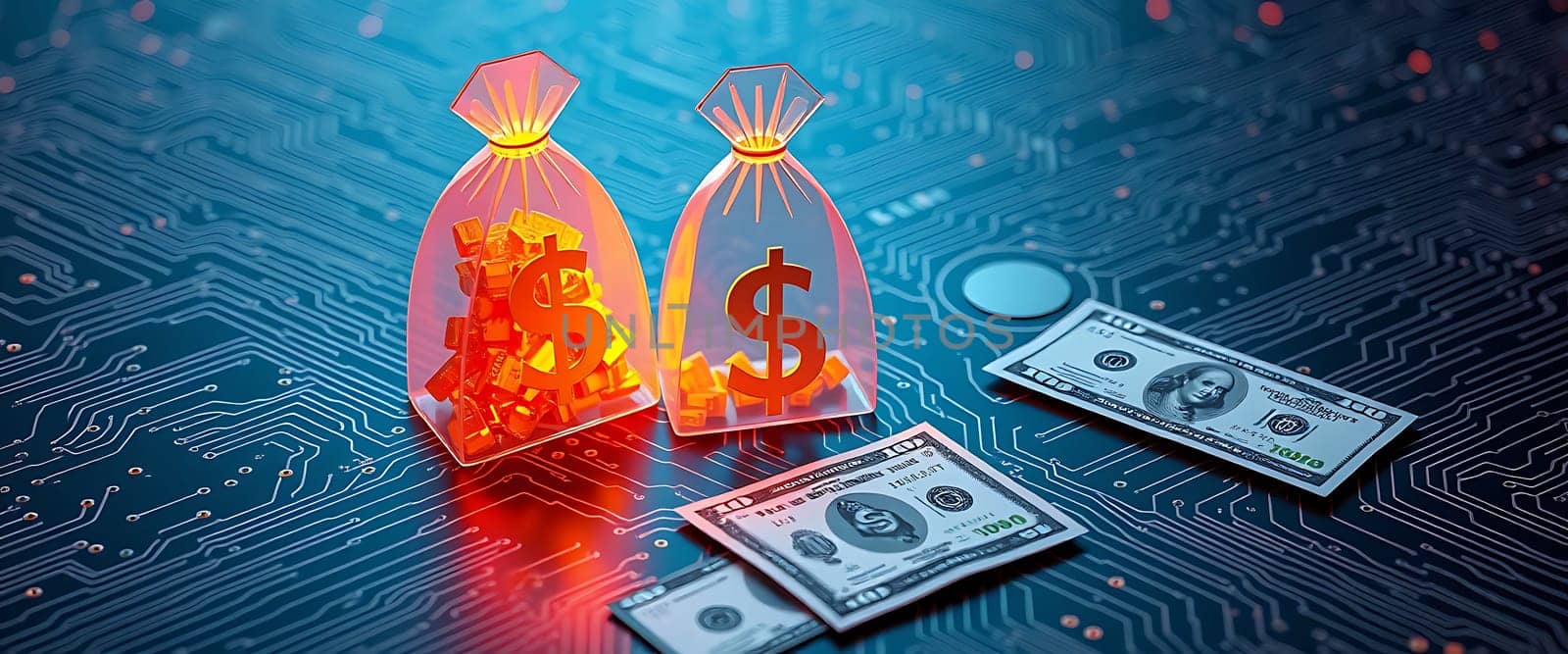 Brightly lit bags filled with golden coins stand next to scattered dollar bills on a dark circuit board, symbolizing the relationship between traditional and digital currencies.