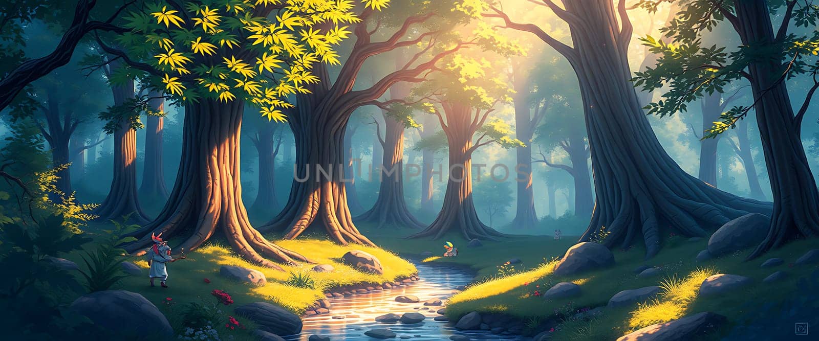 Amidst towering trees illuminated by golden sunlight, a gentle stream flows through a tranquil forest. Children play nearby, enjoying nature's beauty at dawn.