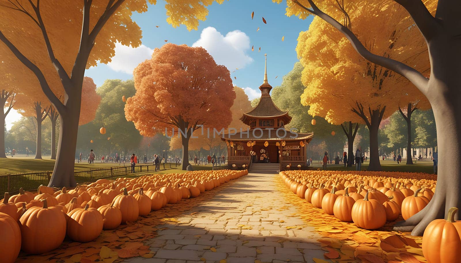 Visitors enjoy a sunny autumn day at the park, walking along a path lined with vibrant pumpkins and colorful trees leading to a charming gazebo.