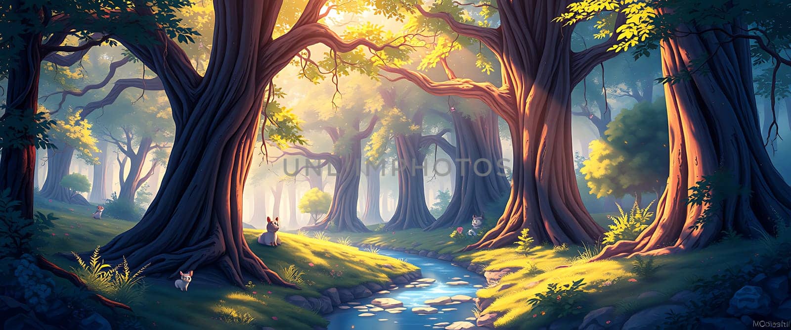 Sunlight pours through the tall trees in a tranquil forest where a stream flows peacefully. The vibrant greenery and subtle wildlife create a magical, serene atmosphere.