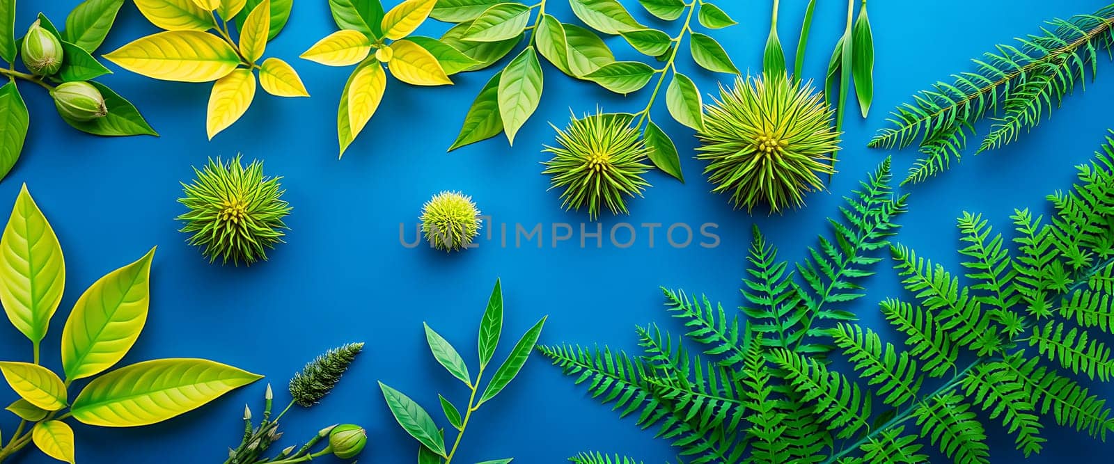 Various leaves, ferns, and seed pods in shades of green and yellow are artistically arranged on a bright blue surface, showcasing nature's beauty and diversity.