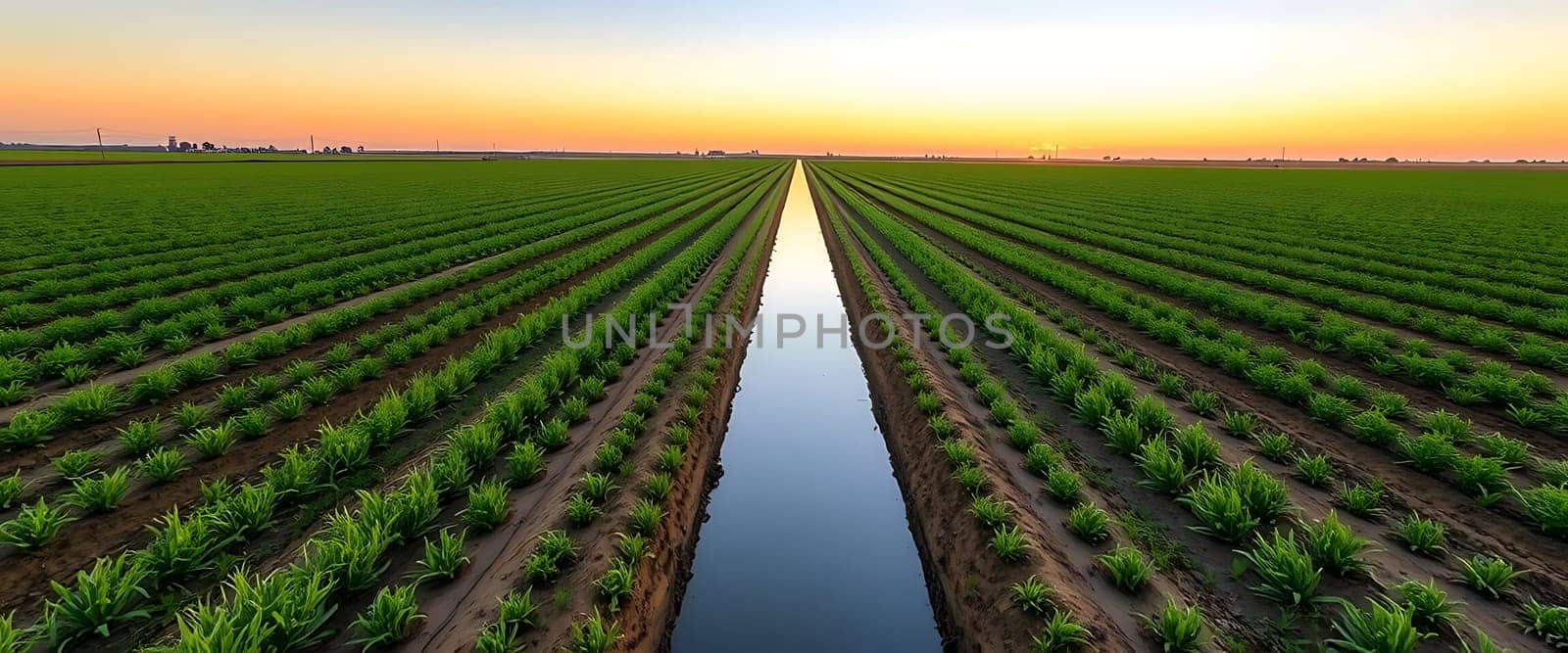 Vibrant fields of crops are meticulously arranged in rows, while a tranquil irrigation channel reflects the colors of the sunset above, creating a picturesque landscape.