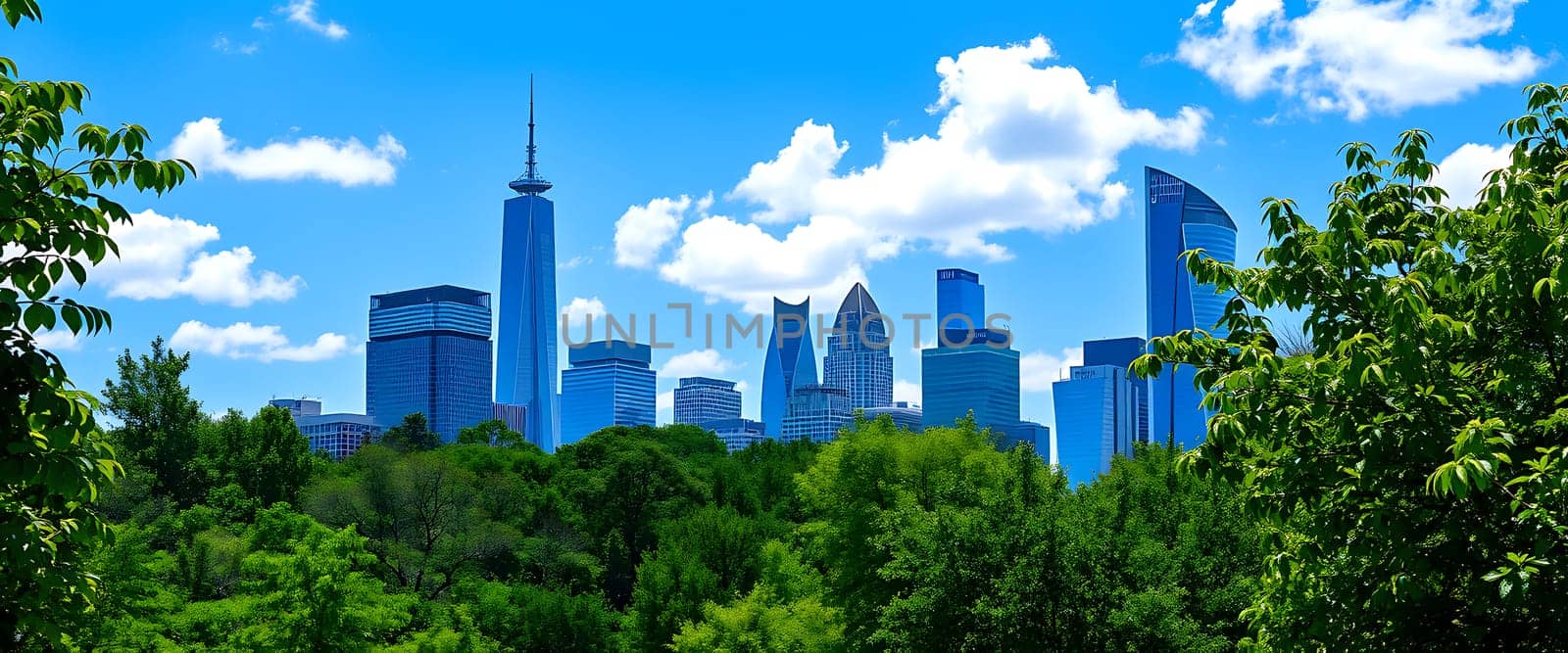 The skyline of New York City features iconic buildings against a bright blue sky with fluffy clouds, surrounded by verdant trees, showcasing summer vibrancy.