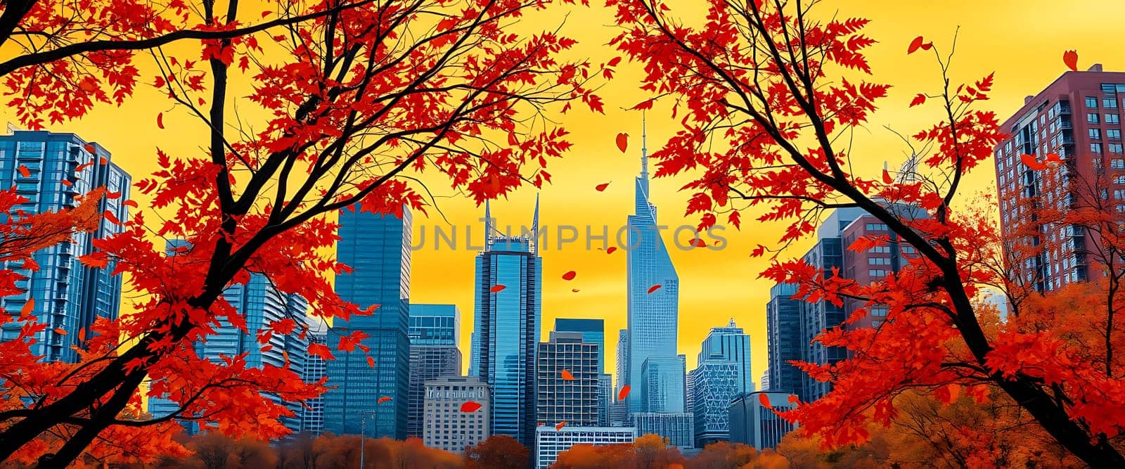 The skyline showcases towering buildings framed by brilliant red and orange trees, capturing the essence of autumn against a vivid yellow backdrop.