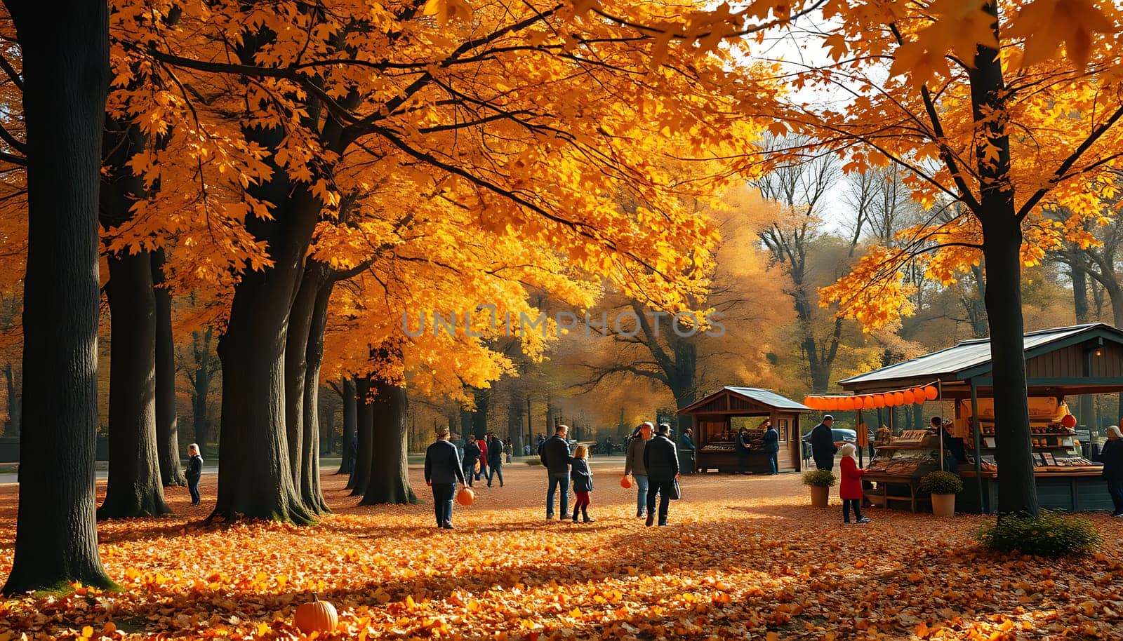 Families stroll through a park blanketed in golden autumn leaves, enjoying the warm colors of fall and exploring a nearby market selling seasonal goods.