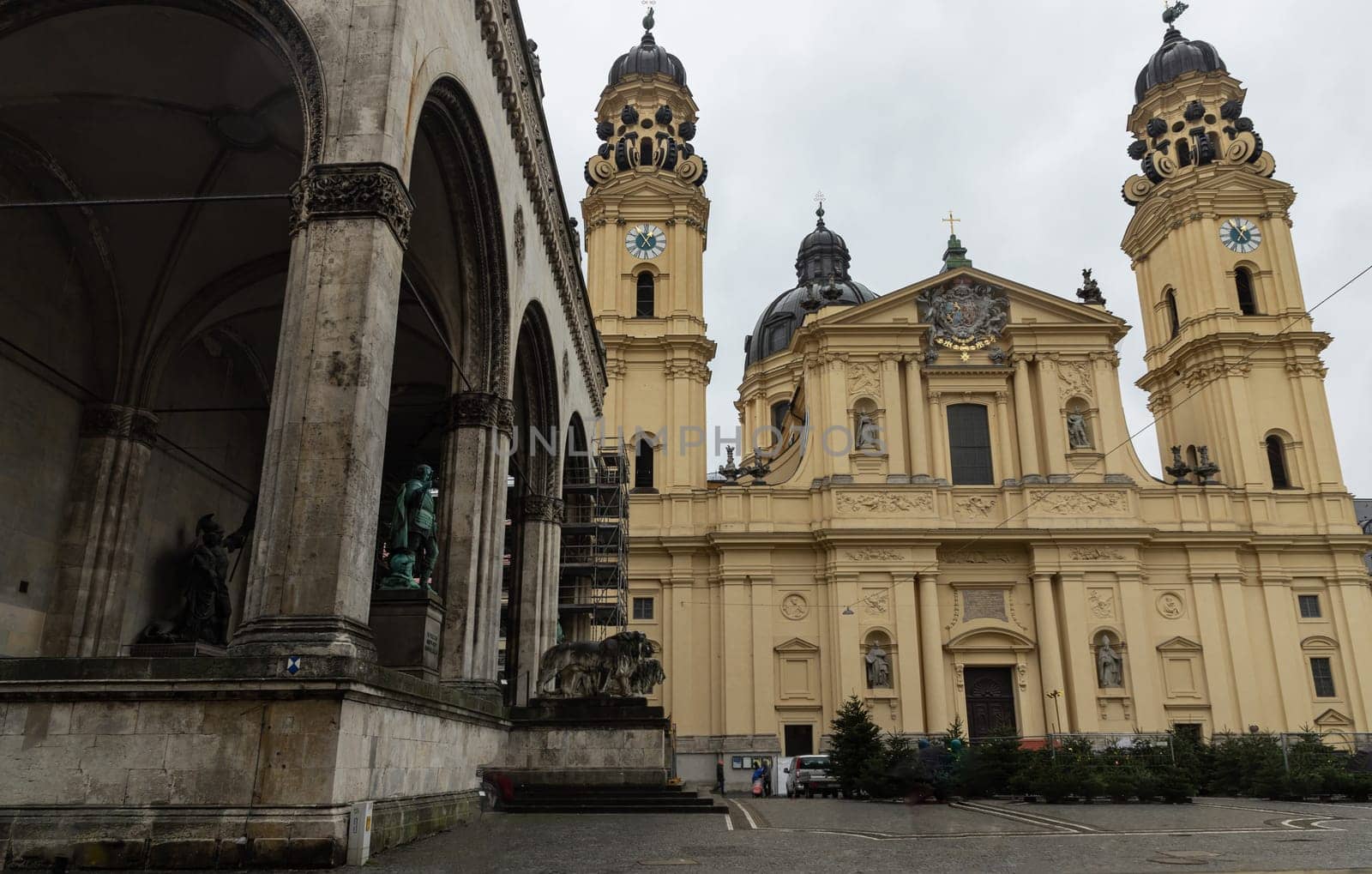 Munich, Germany - Dec 22, 2023 - View of The Theatine Church of St. Cajetan and Adelaide (Theatinerkirche St. Kajetan und Adelheid) a Catholic church on Odeonsplatz in Munich. Copy space, Selective focus.