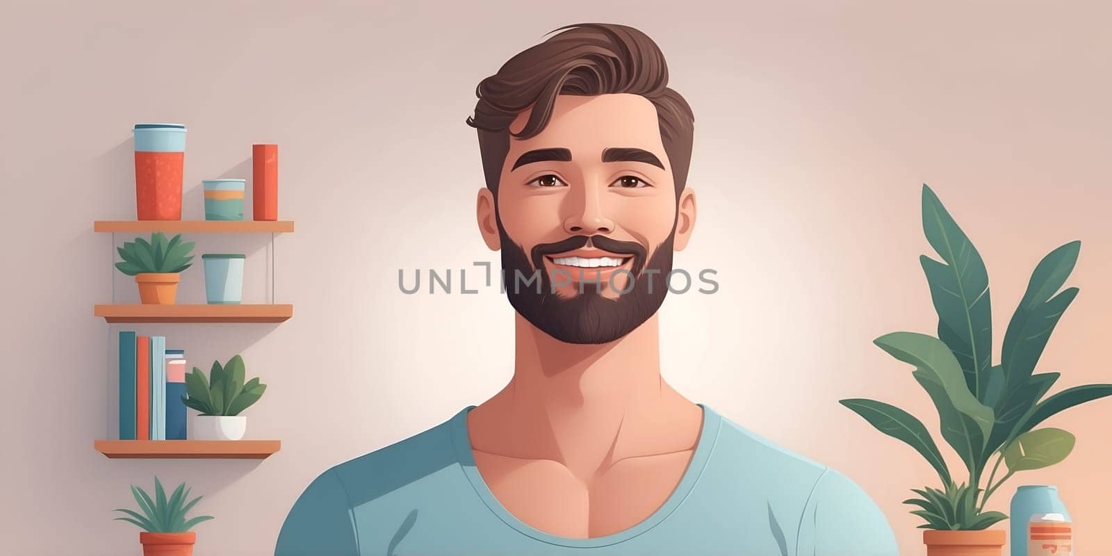 A cheerful man with a beard and stylish hair stands confidently in a comfortable indoor setting, surrounded by plants and shelves filled with books, perfect for personal branding.