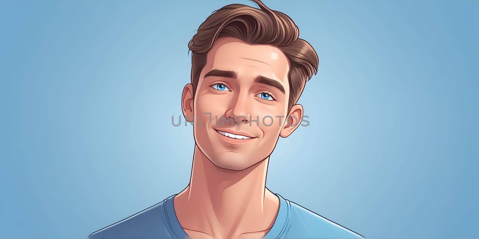 A cheerful young man with light brown hair and bright blue eyes smiles warmly, creating a welcoming atmosphere perfect for engaging an online audience.