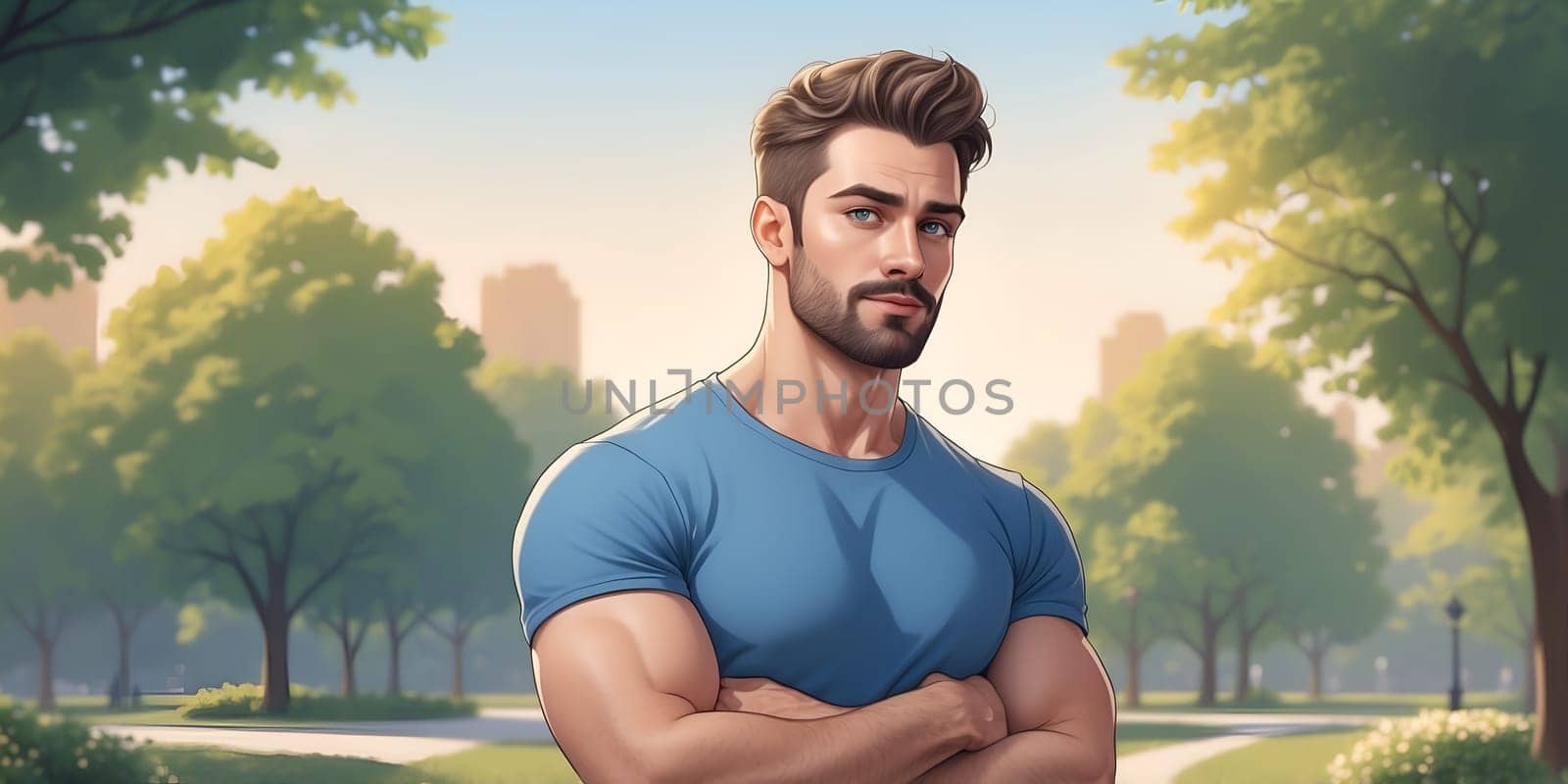 A muscular young man stands confidently with his arms crossed in a lush park. Sunlight shines through the trees, creating a warm and inviting atmosphere.