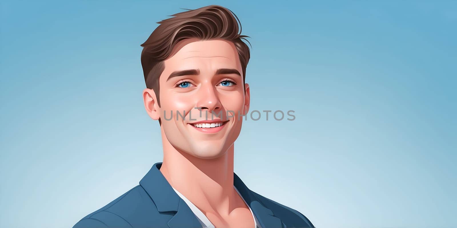A young man with a charming smile and stylish hairstyle poses confidently in a modern blazer. The bright blue background adds a cheerful vibe, perfect for attracting viewers.
