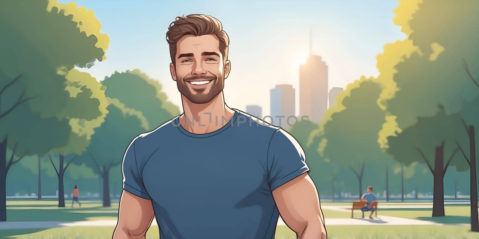 A young man with a friendly smile stands confidently in a sunlit park, framed by lush trees and a vibrant city skyline in the distance, creating a lively atmosphere.