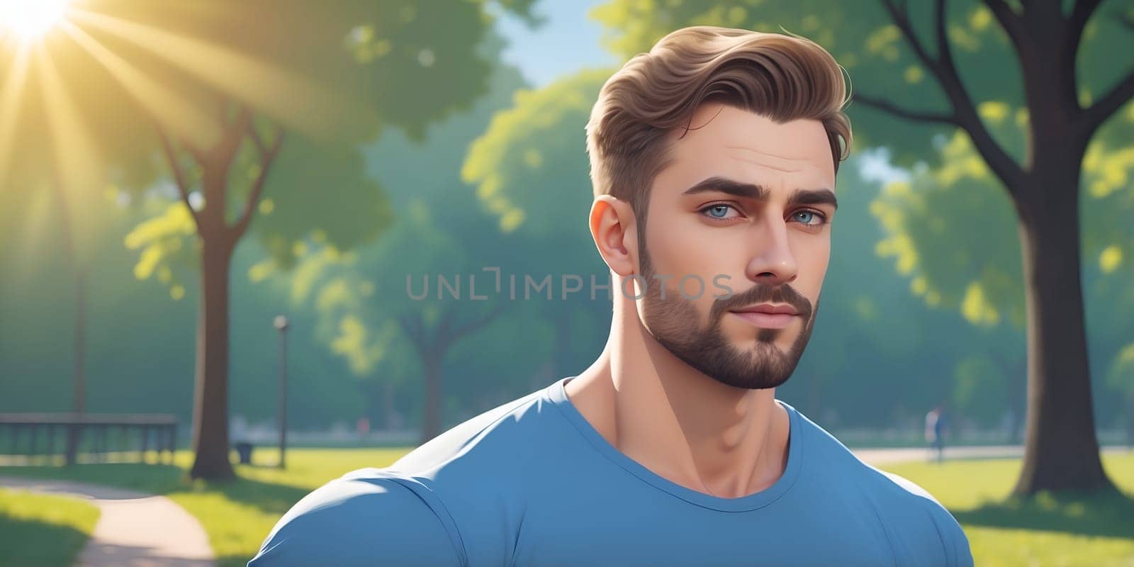 A handsome young man with striking green eyes stands confidently in a bright park, bathed in sunlight. The atmosphere evokes a sense of freshness and vitality.