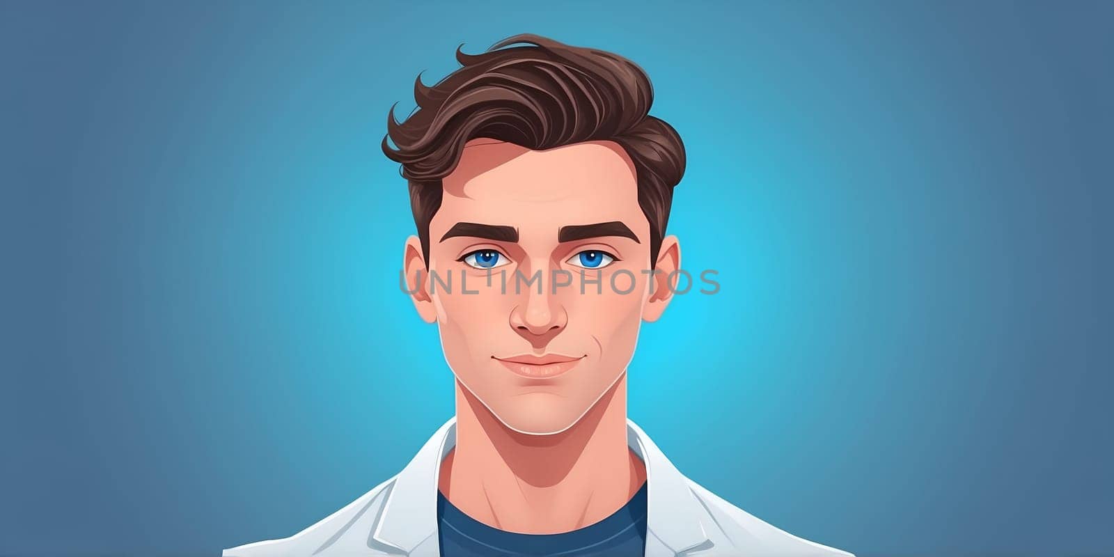 A confident young man with vibrant blue eyes and stylish hair presents himself in a digital illustration designed for a YouTube channel banner. The background sets a professional tone.