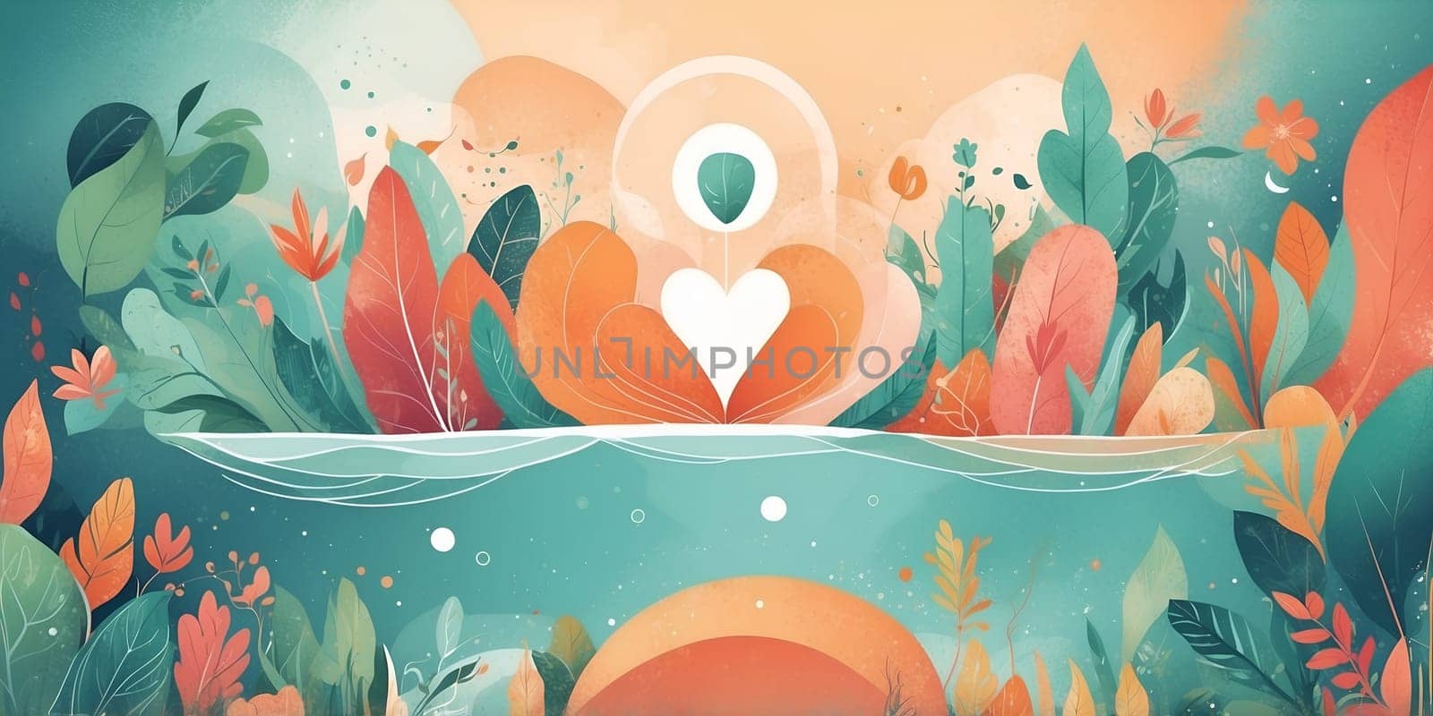 A tranquil landscape filled with diverse plants and a prominent heart symbol, evoking feelings of peace and love in the early morning light.