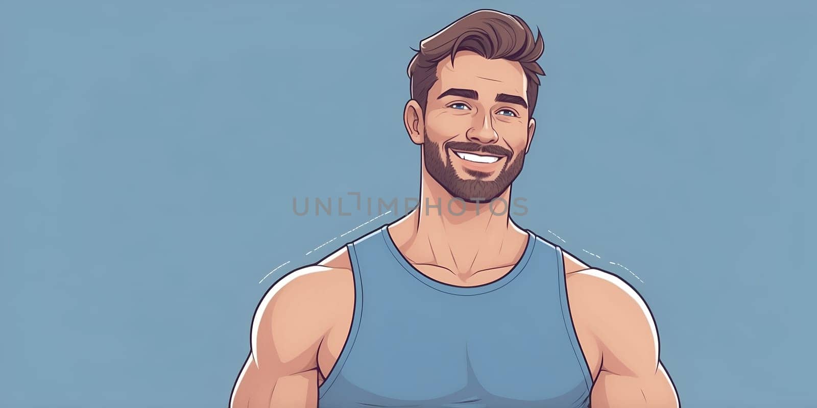 A muscular man showcases a friendly smile while wearing a sleeveless shirt, set against a soft blue background, perfect for a YouTube channel banner design.