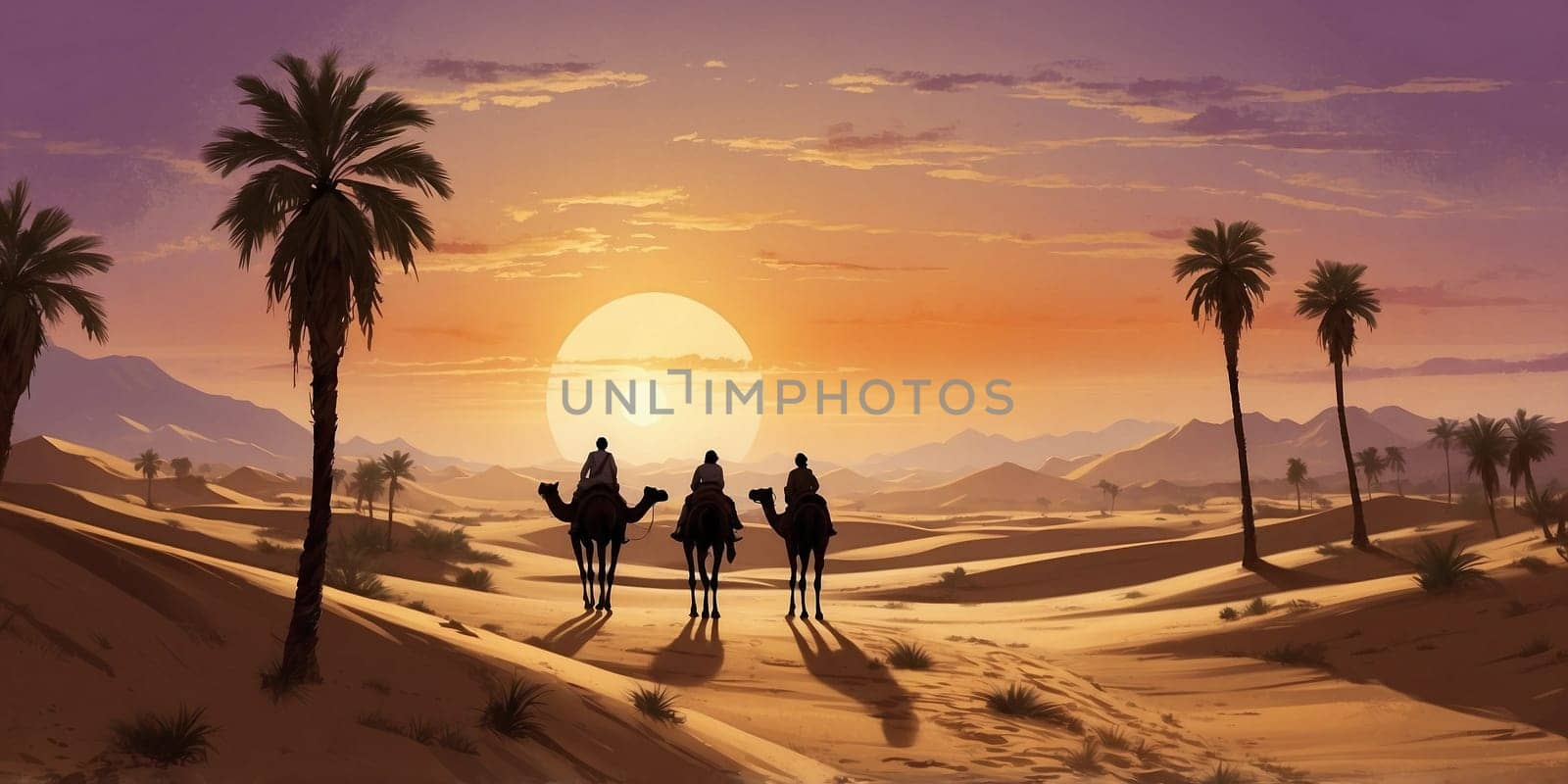As the sun sets on the horizon, a dramatic desert landscape emerges with silhouetted camels and swaying palm trees, casting long shadows on the golden sands.
