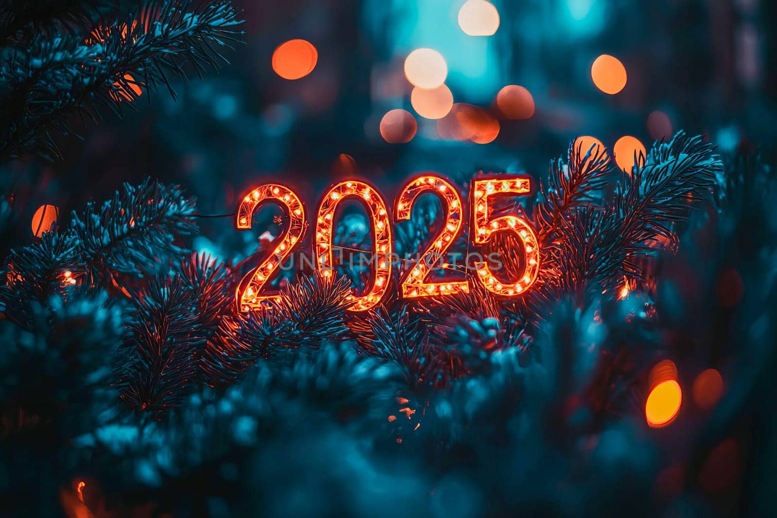 The letters "2025" with fir branches sprinkled with snow. New Year's mood. Space for text, banner, greeting card.