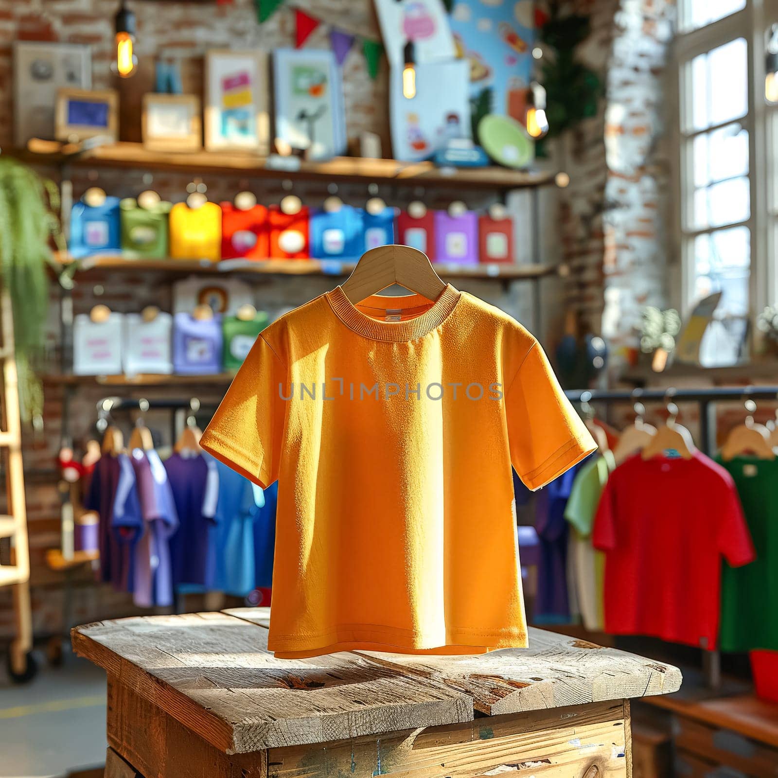 A yellow shirt is hanging on a rack in a store. The shirt is displayed on a wooden table in front of a wall with pictures and a potted plant. The store has a variety of shirts on display