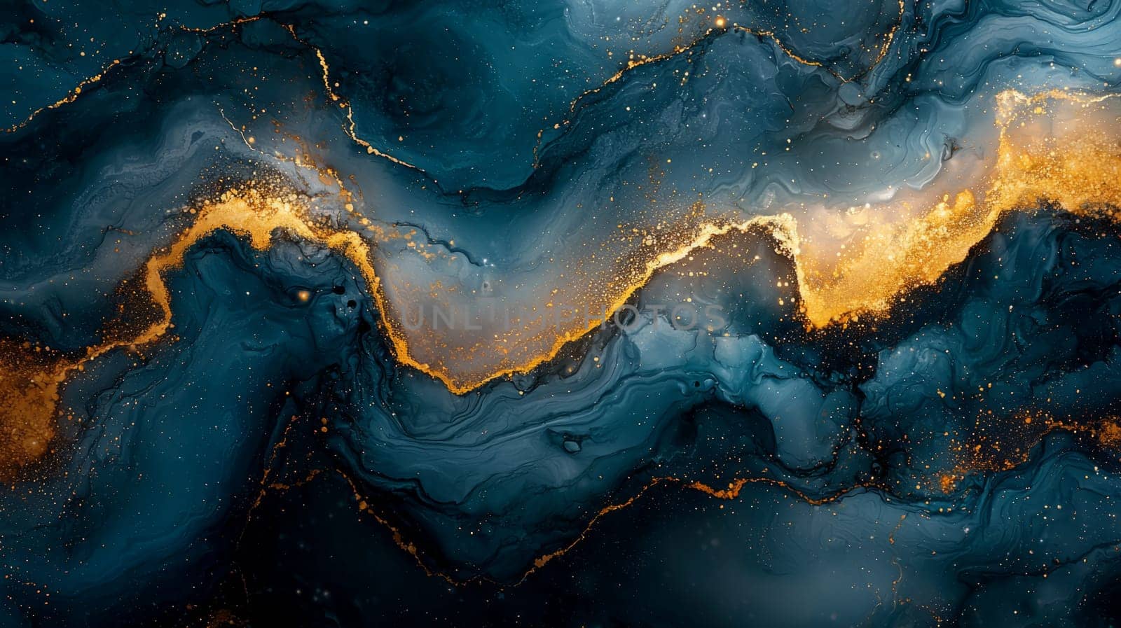 Marble paper texture, dark teal and gold alcohol ink on paper, abstract background. Creative Design Template.