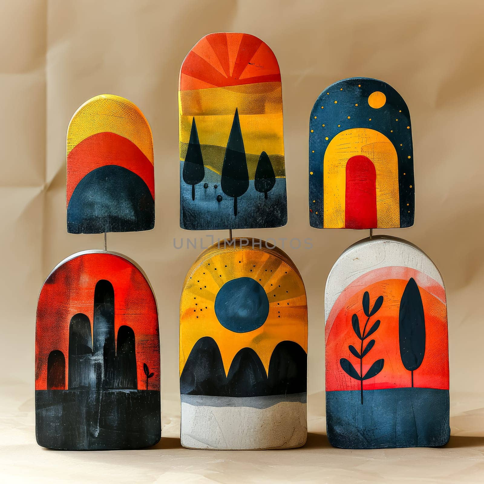 A set of nine paintings of different scenes of nature, including a house, a tent, and a fire