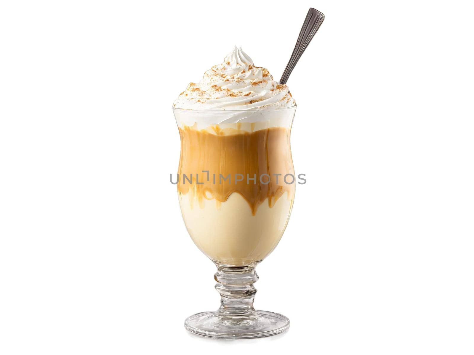 Dalgona Coffee A whipped dalgona coffee in a transparent glass with creamy foam cascading down. Drink isolated on transparent background.