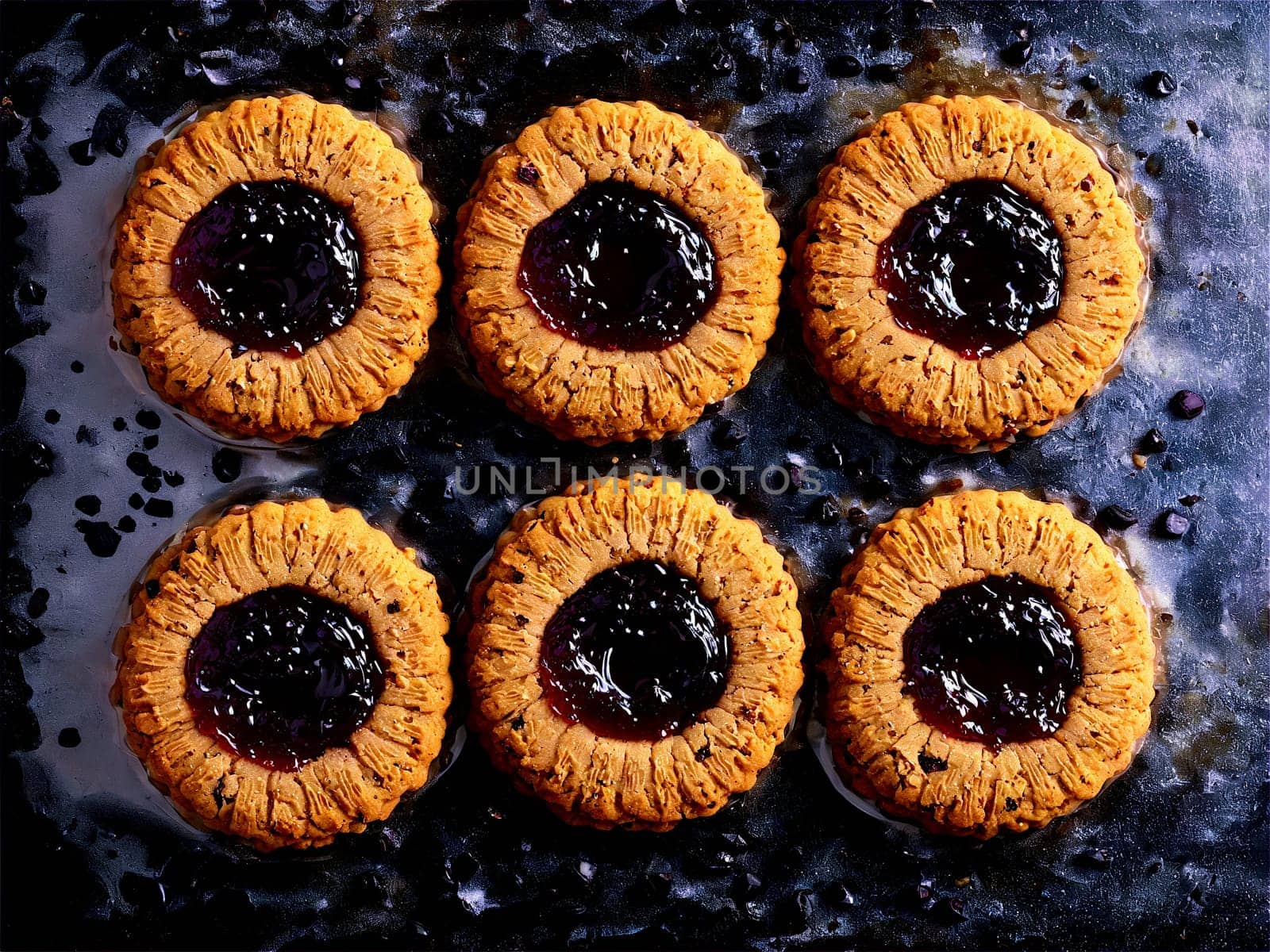 Cookies thumbprint cookies with jam centers assorted flavors on a transparent glass plate colorful. Food isolated on transparent background.