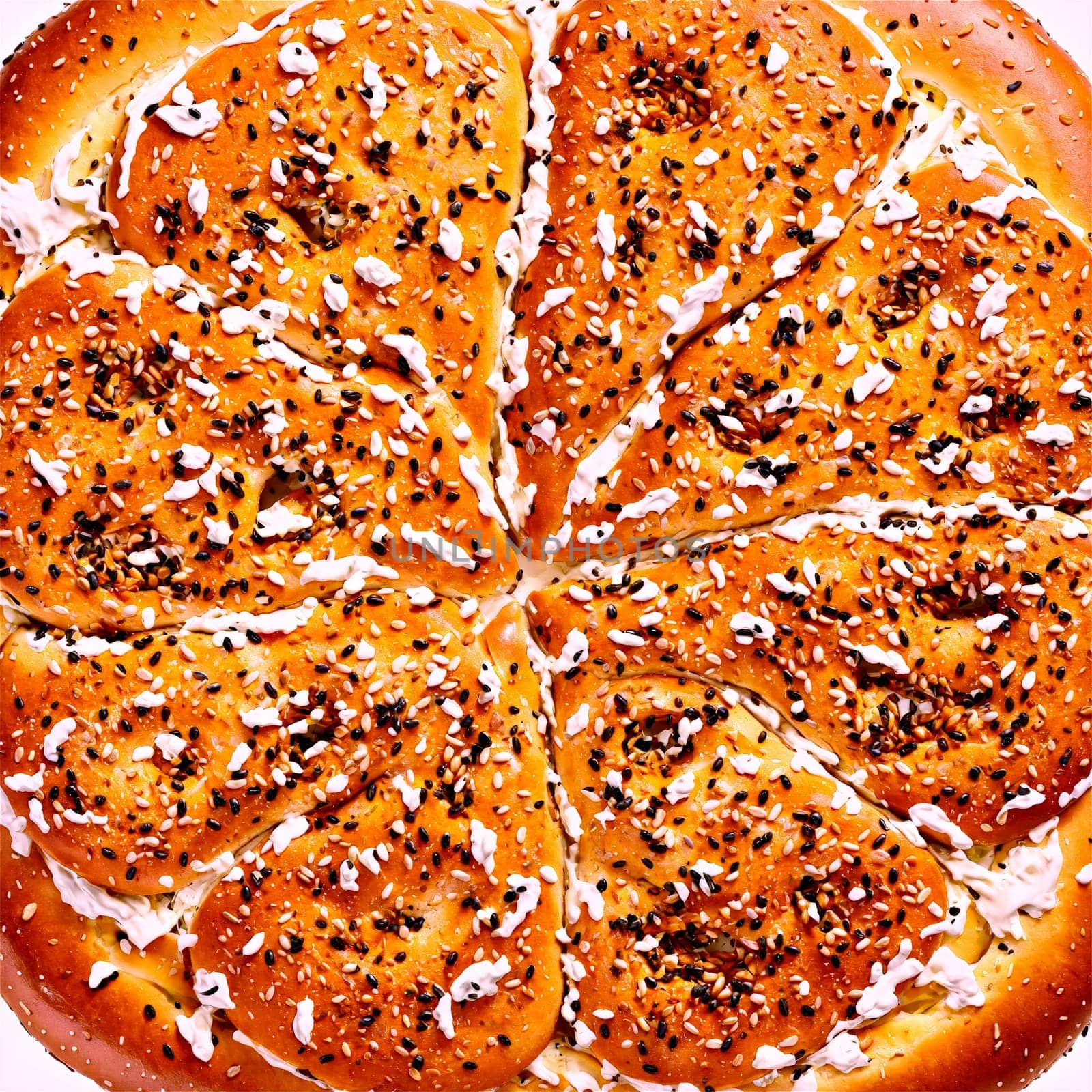 Bagel mandala a mandala of toasted bagels with cream cheese spreading and seeds falling. Food isolated on transparent background.