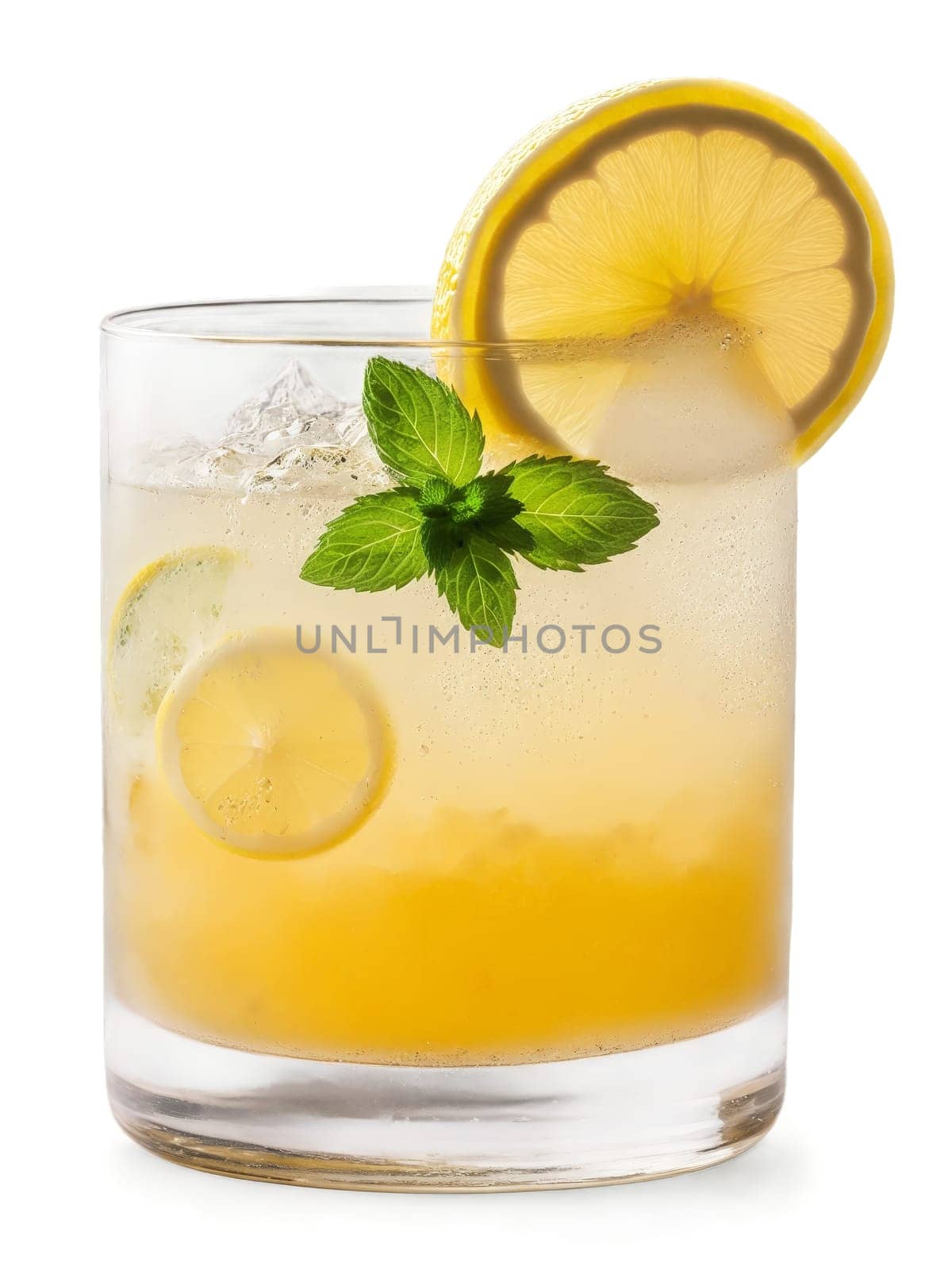 Icelandic Birkir in clear glass garnished with slice of lemon and sprig of green mint. Drink isolated on transparent background.