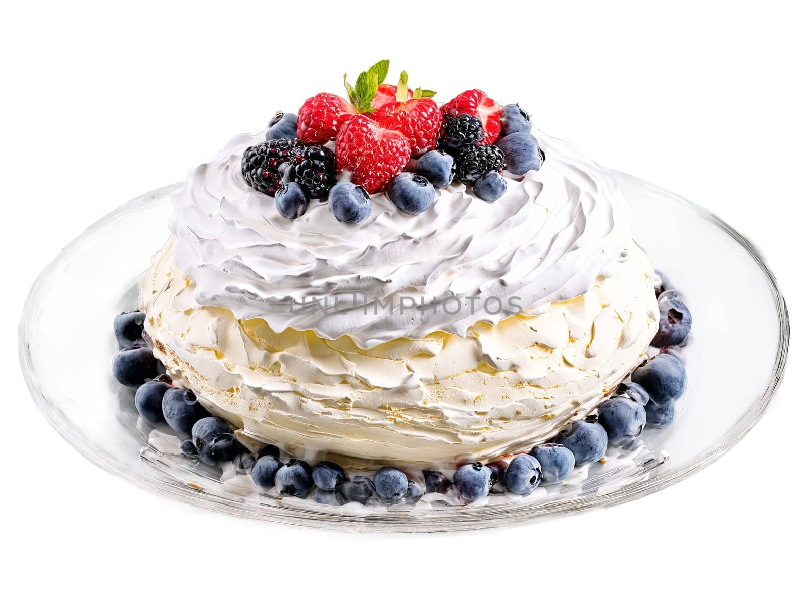 Pavlova with whipped cream and mixed berries served on a transparent glass plate light. Food isolated on transparent background.