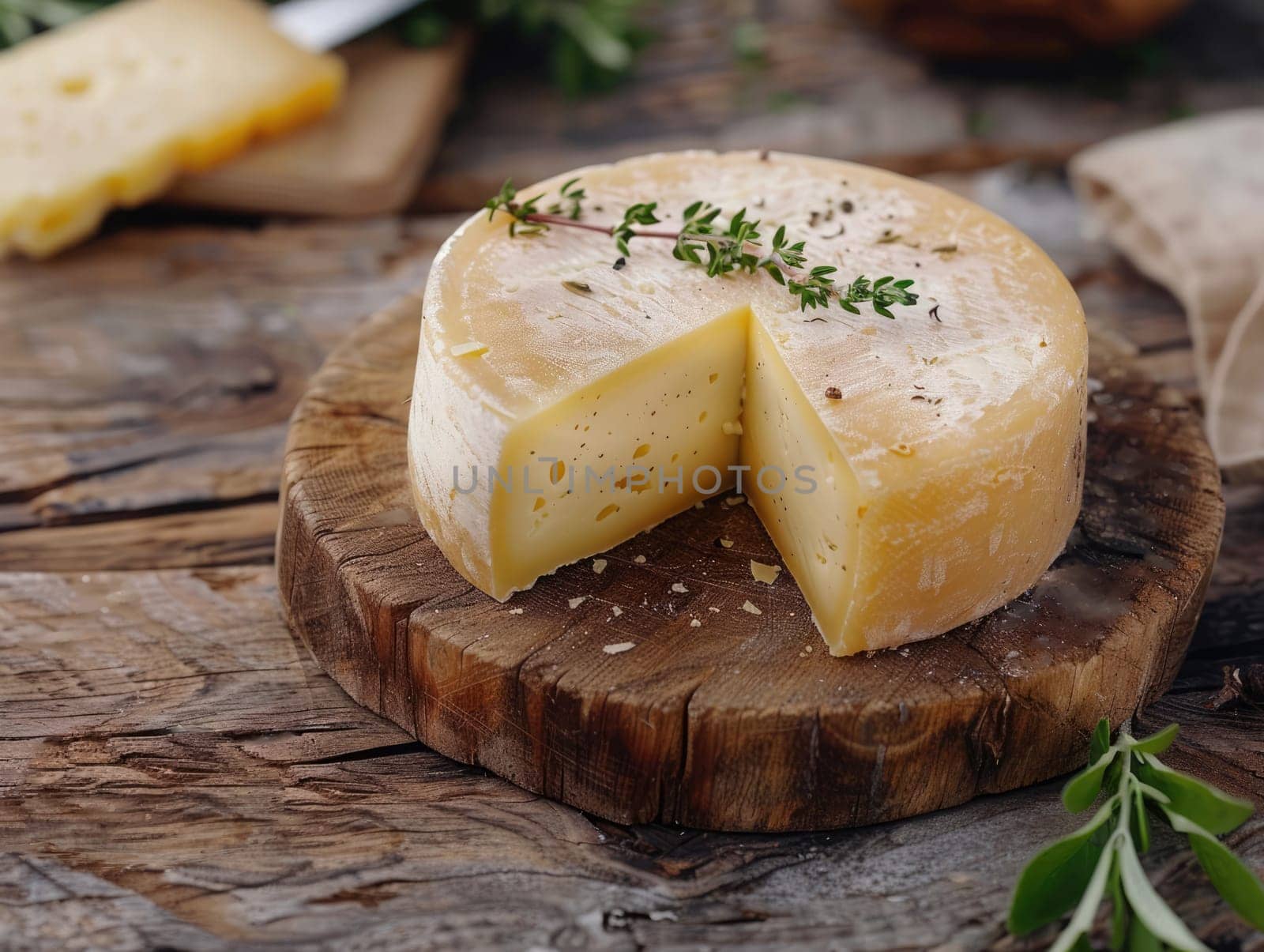 Cheese with small pores and thyme, ideal for food photography and recipes. High quality photo