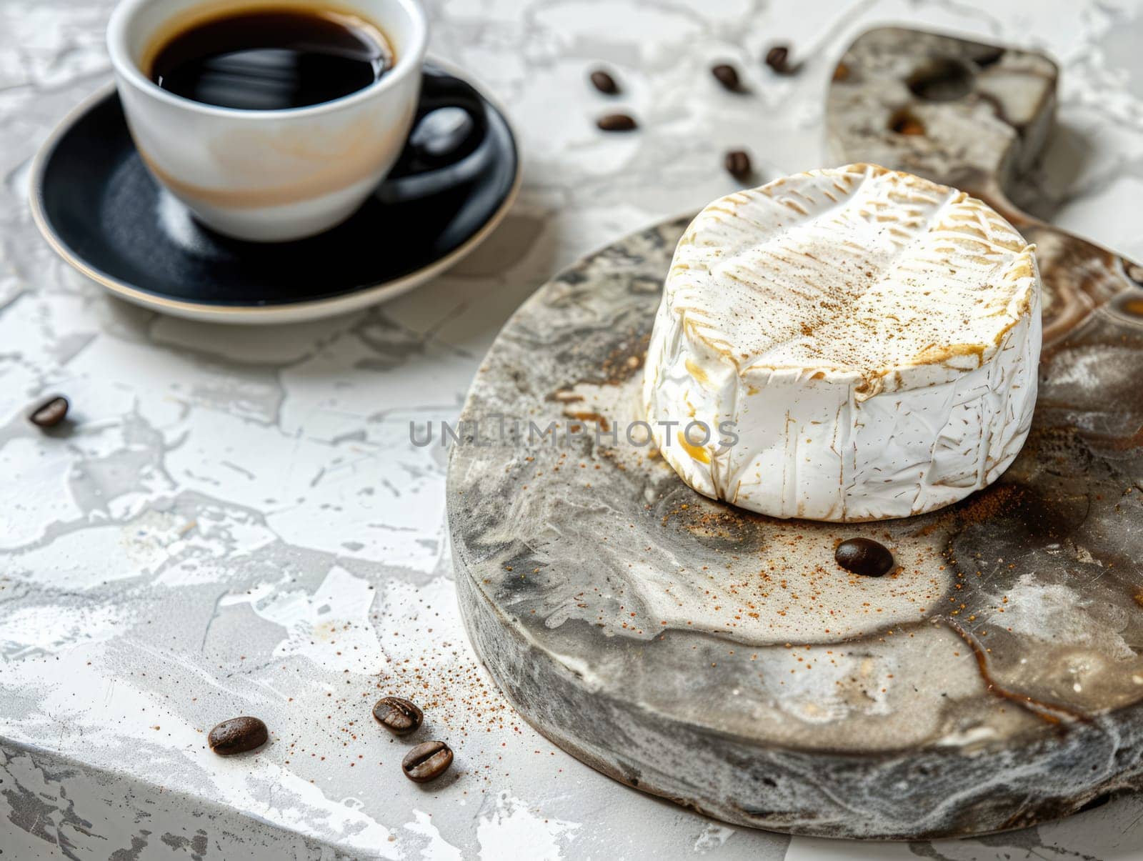 Round cheese on a marbled board with coffee, perfect for culinary presentations. High quality photo