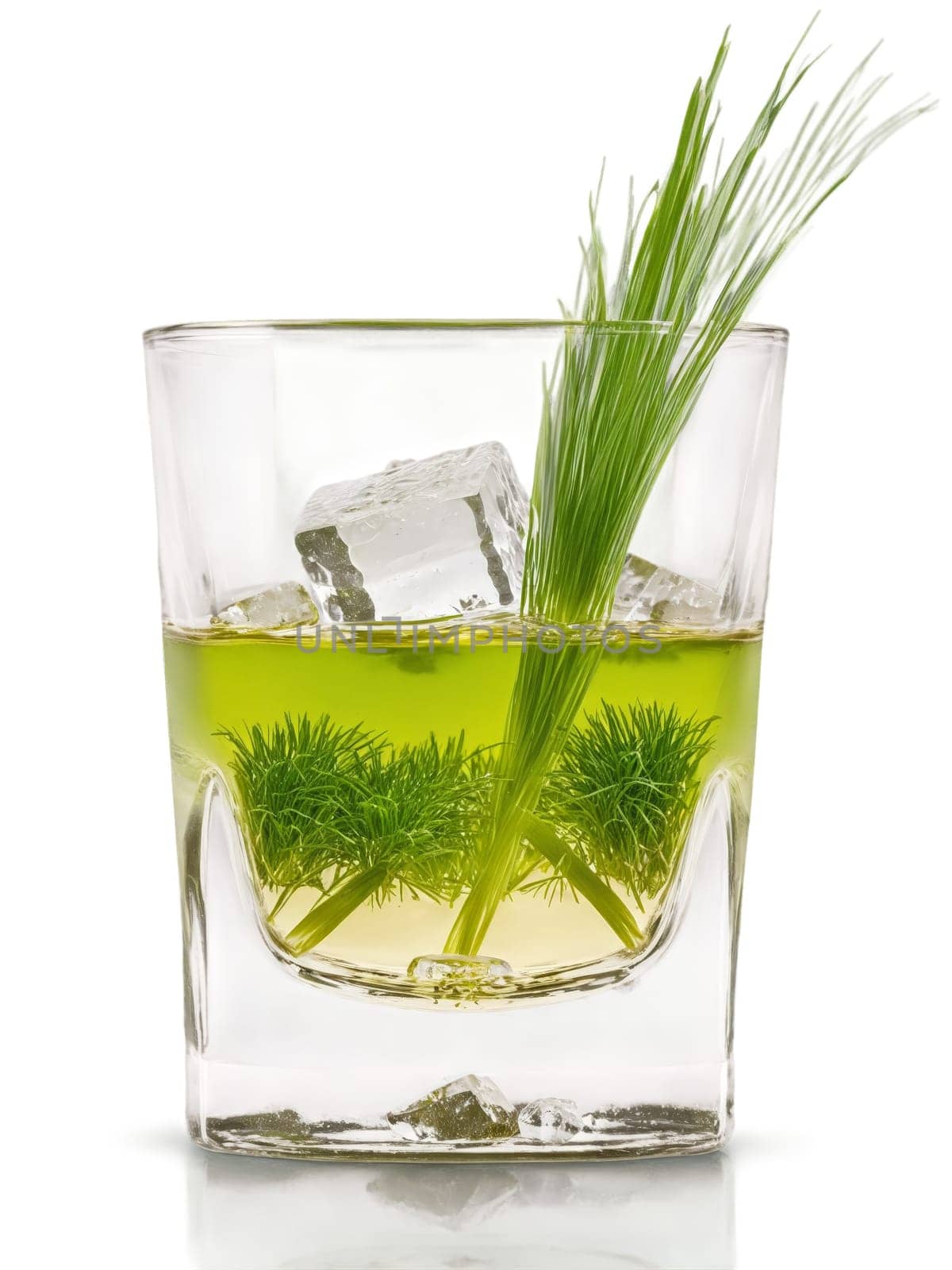 Polish Zubrowka in shot glass accompanied by blade of grass and few ice cubes. Drink isolated on transparent background.