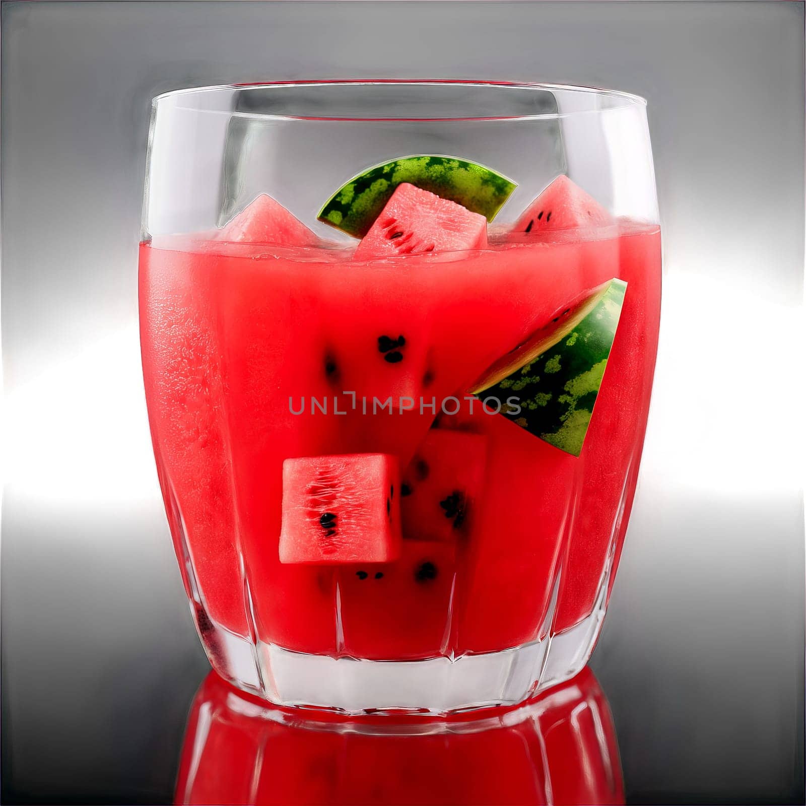 Watermelon juice with chunks of watermelon and ice cubes spinning in a glass with liquid. Food isolated on transparent background.
