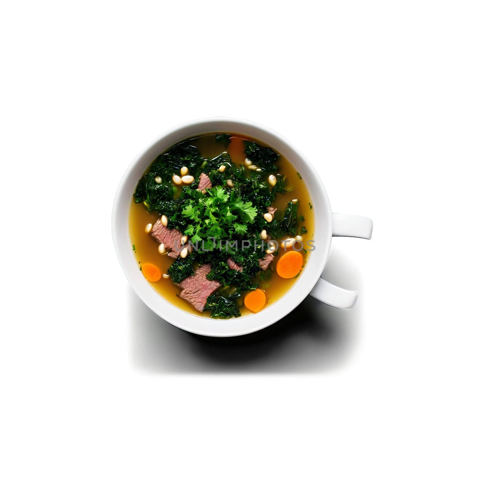 Beef and barley soup with kale and garlic a hearty broth with tender beef pearl. Food isolated on transparent background