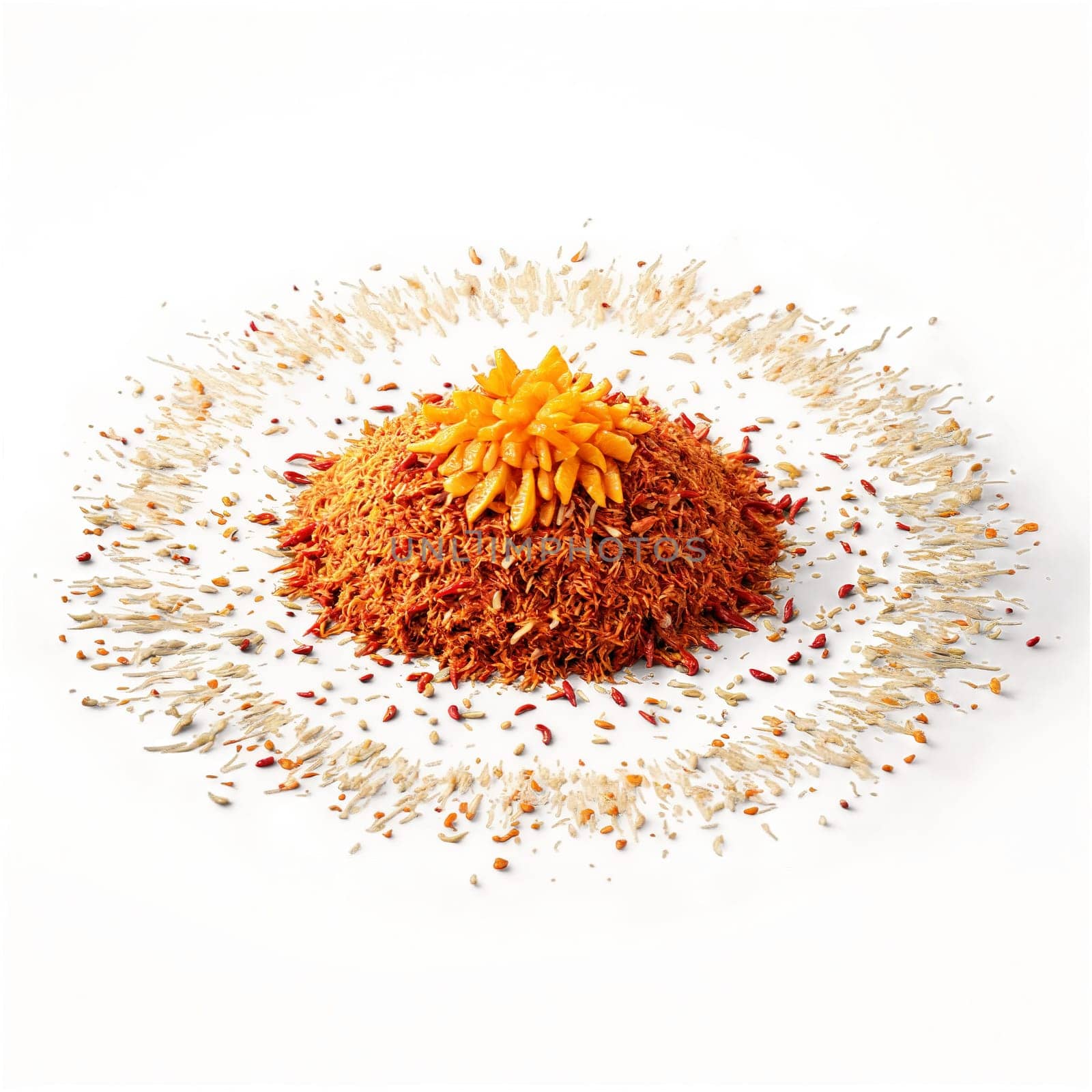 Togarashi seasoning mandala a spicy arrangement of togarashi seasoning with chili flakes and orange zest. Food isolated on transparent background.