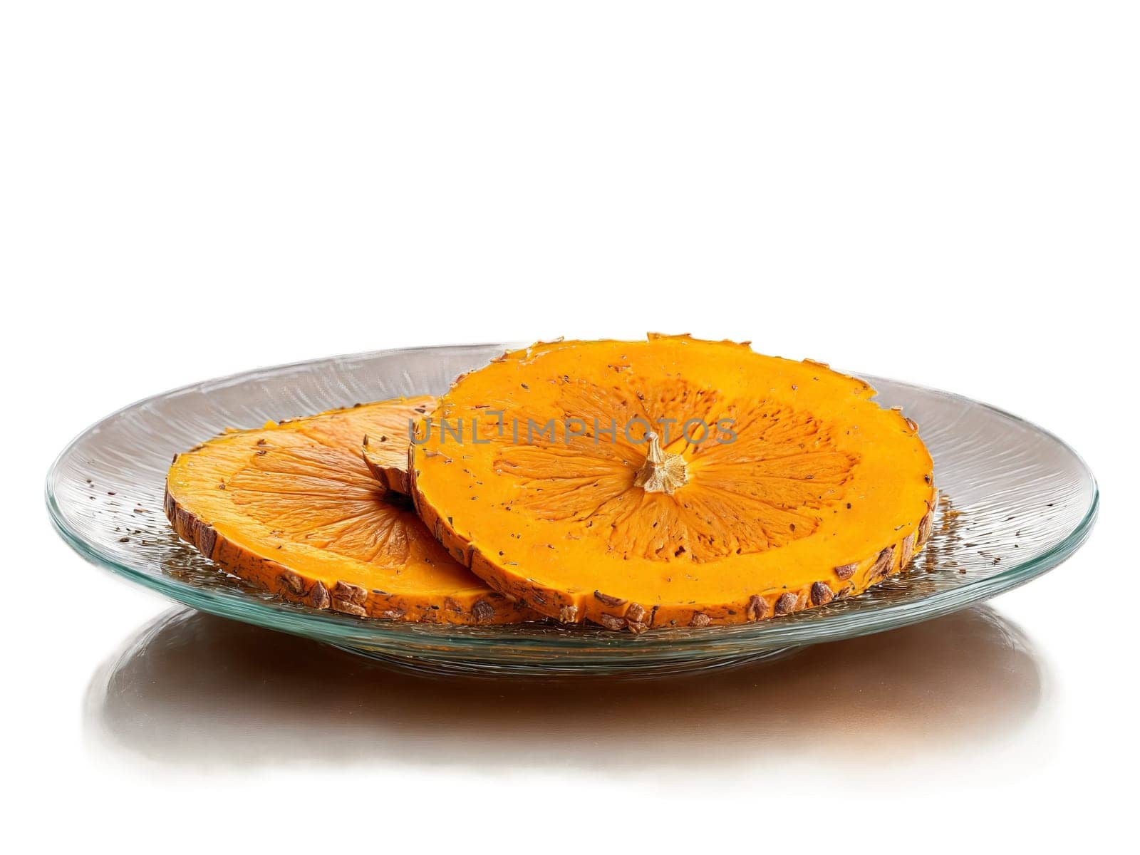 Pumpkin roasted slices with a sprinkle of cinnamon served on a transparent glass plate warm. Food isolated on transparent background.