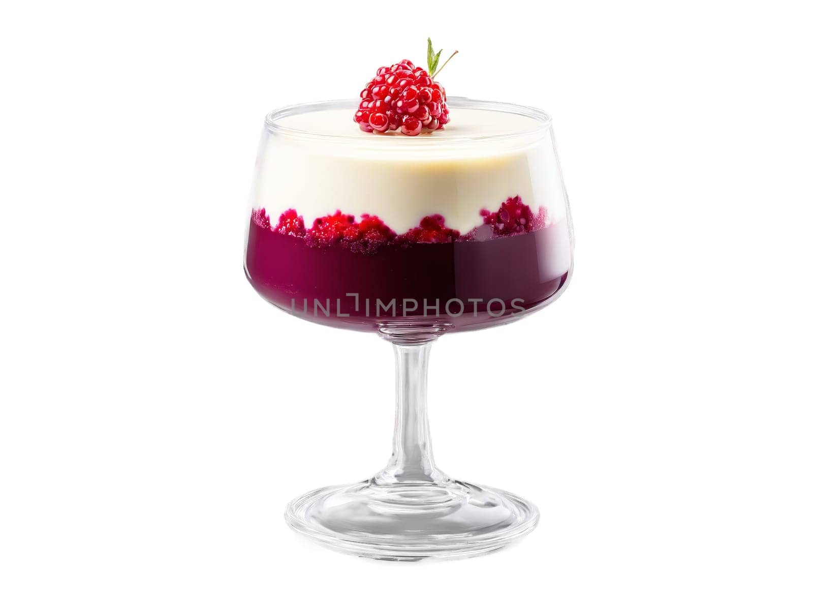 Panna Cotta with Berry Compote vanilla flavored and silky served in a transparent glass dish. Food isolated on transparent background.