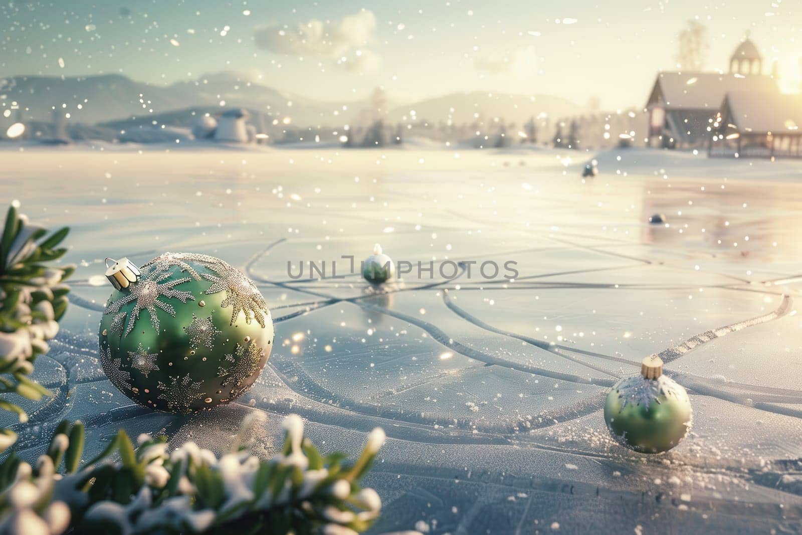 A misty winter scene of a frozen lake covered in snow, adorned with Christmas ornaments. The sunset glows in shades of orange and yellow, reflecting on the ice.