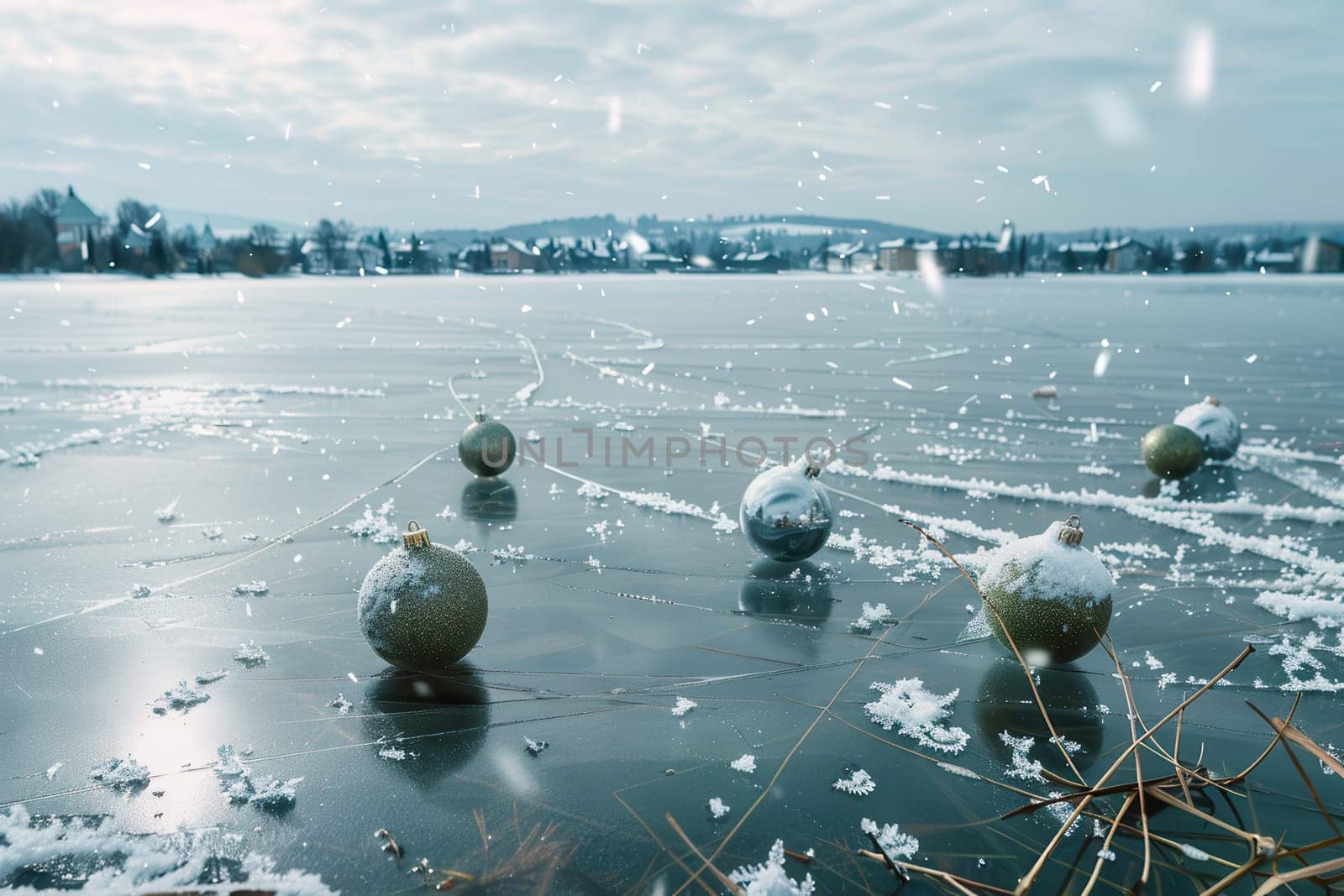 A serene winter morning in a mountain valley, featuring Christmas decorations on a snow-dusted frozen lake. The sun gently breaks through clouds, casting a soft blue hue.