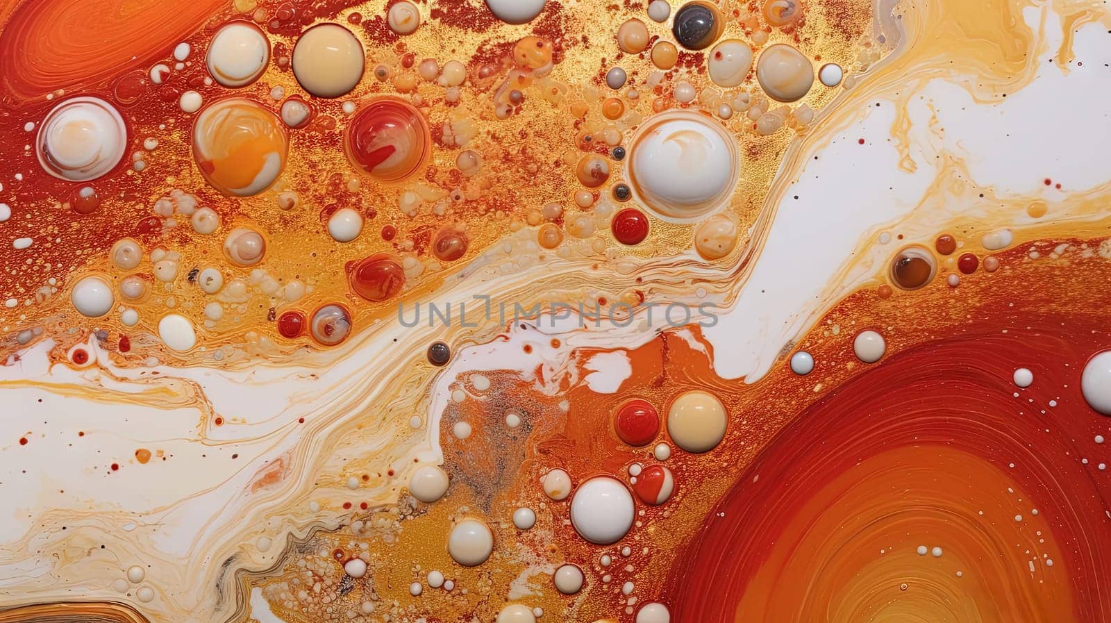 Abstract artistic background with orange marble and golden paint stains. Generated AI