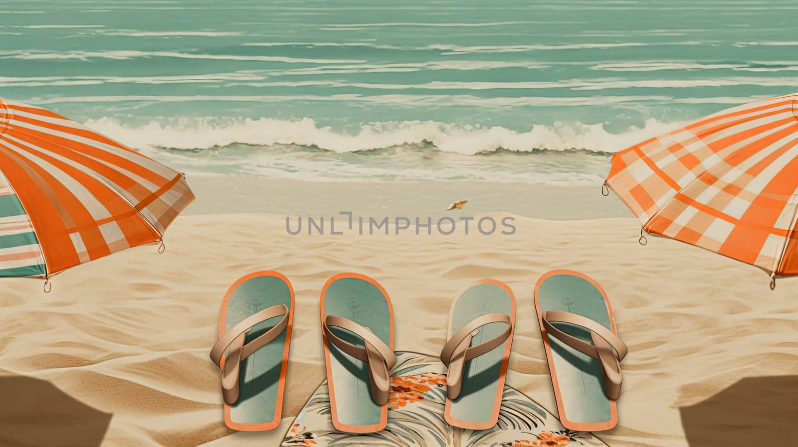 Flip flop sandals on the sandy beach in nostalgic card style. Retro vacation postcard with slippers on the coast. Generated AI