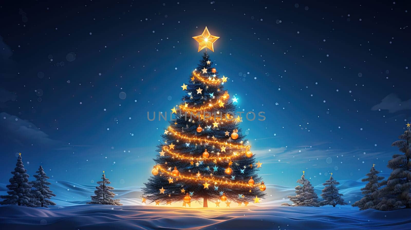 Christmas tree shining with stars, garlands and baubles in the evening snowy backyard. Generated AI