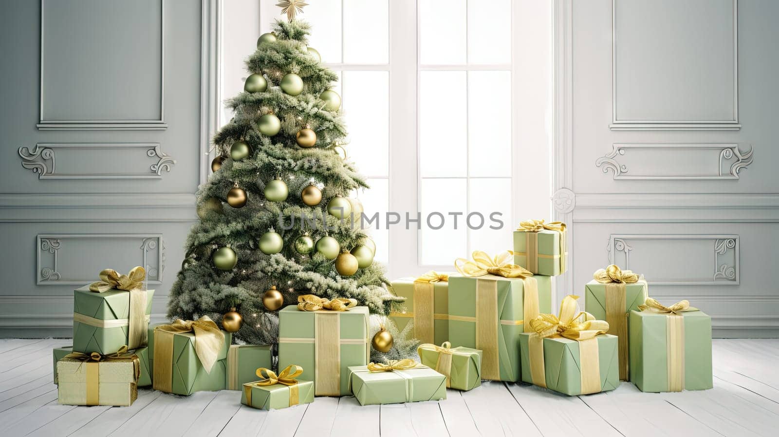 Christmas tree with gifts in the bright room in morning. Winter holidays in light interior. Generated AI