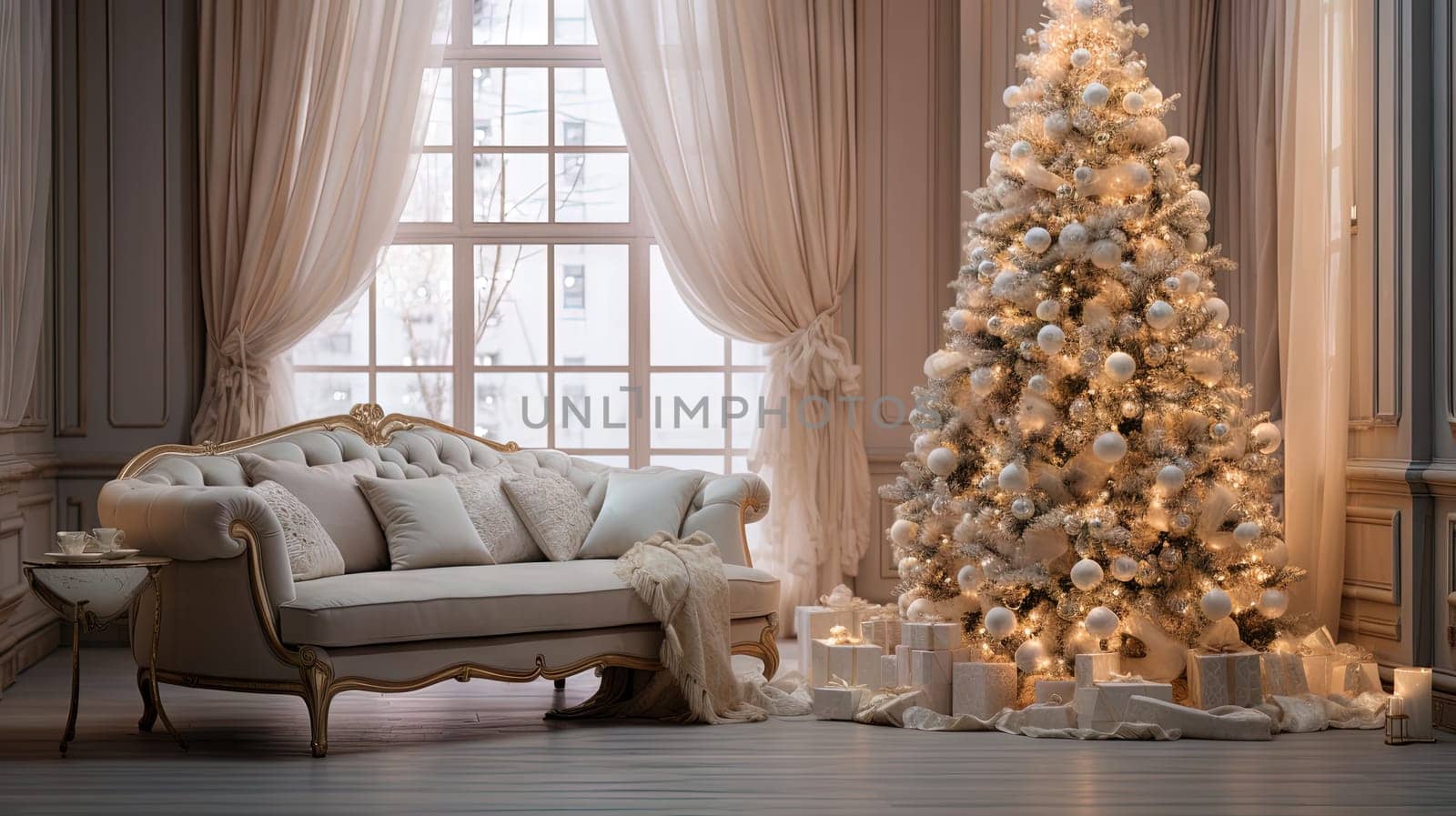 Christmas tree with gifts in the bright room in morning. Winter holidays in light interior. Generated AI