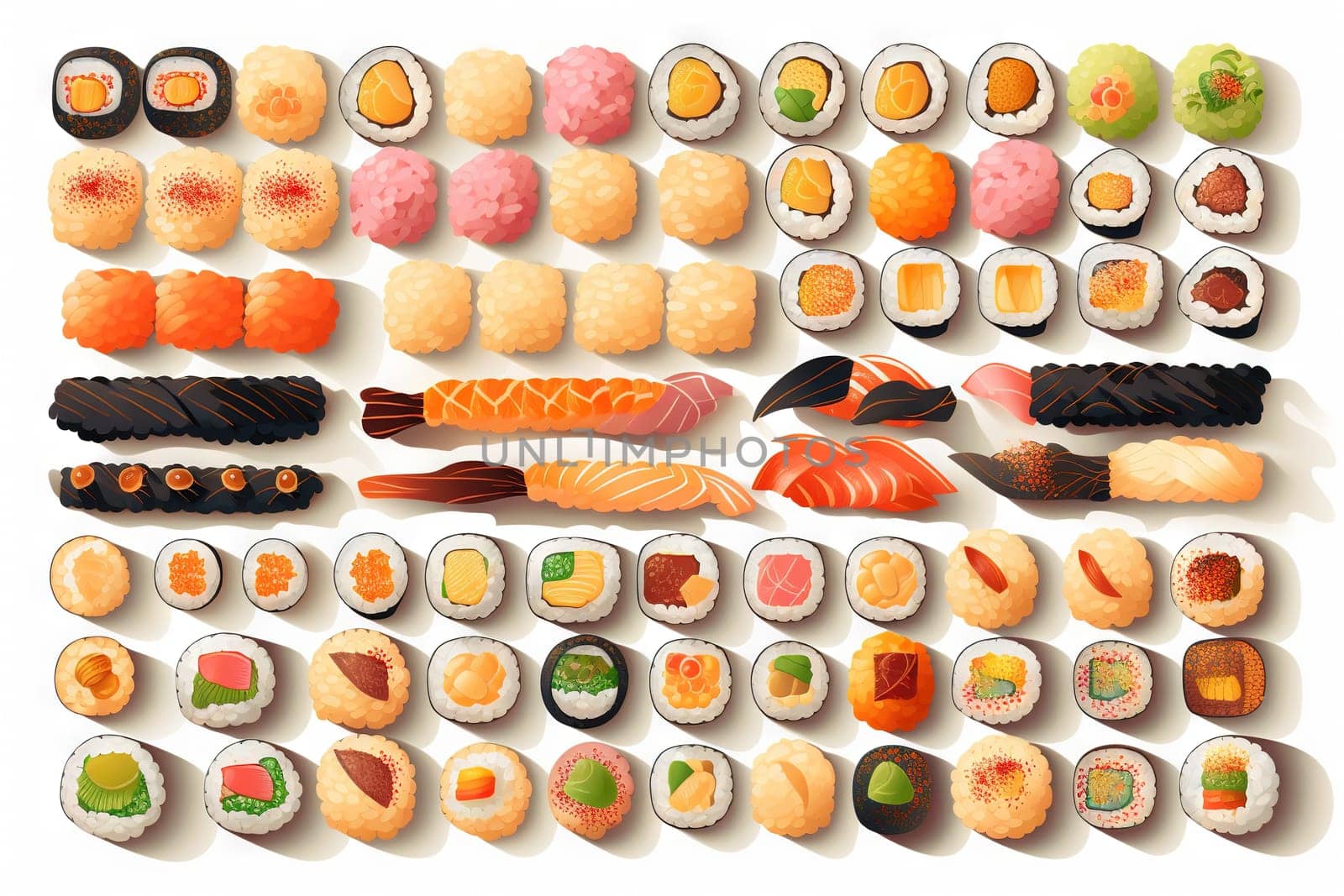 Sushi set. Collection of fast fool in asian style. Classic shushi and rice rolls. Generated AI