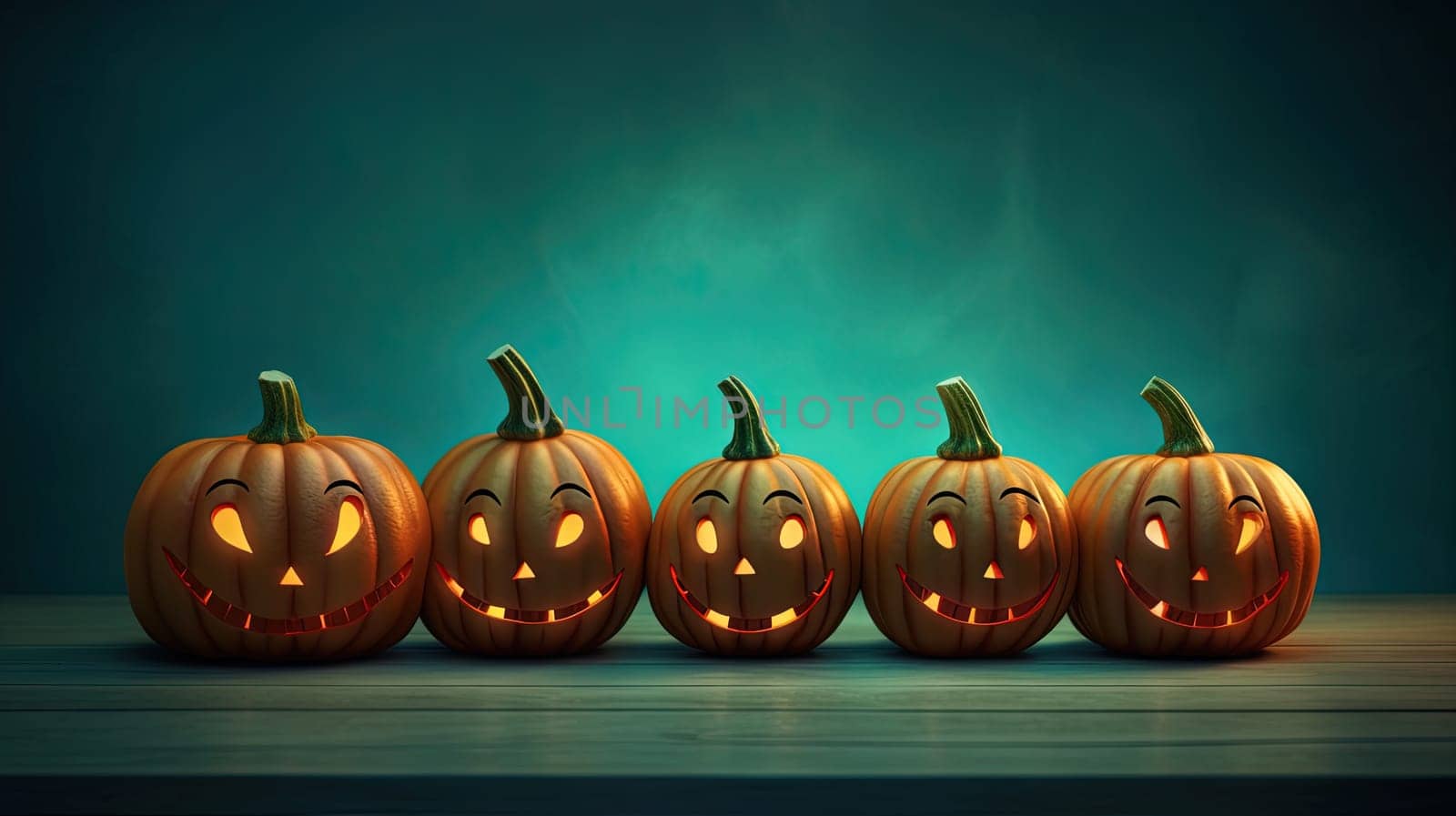 Halloween pumpkins grinning in a row. Autumn holidays card for spooky party. Generated AI