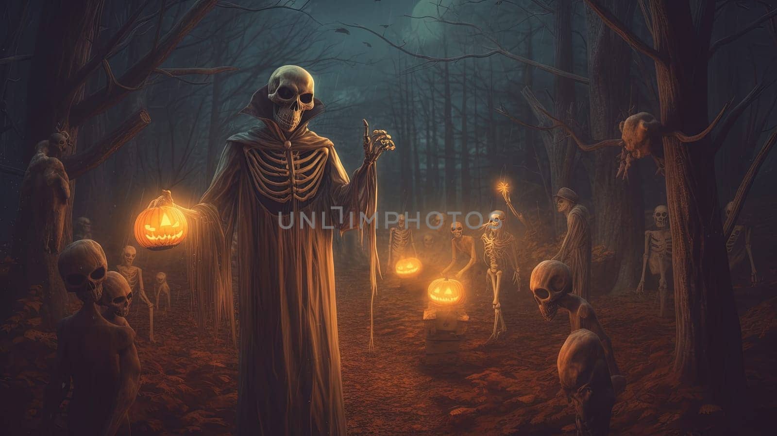 Skeleton holding the lamp in a dark forest during Halloween holiday. Dark art with monsters in the forest at fall. Generated AI