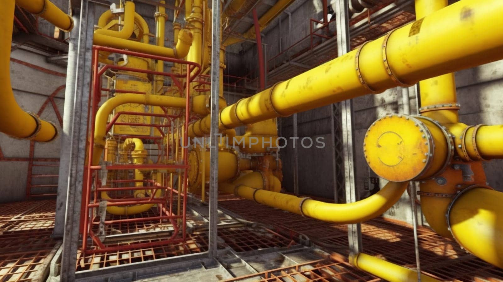 Industrial plant background with shiny pipes. Generated AI