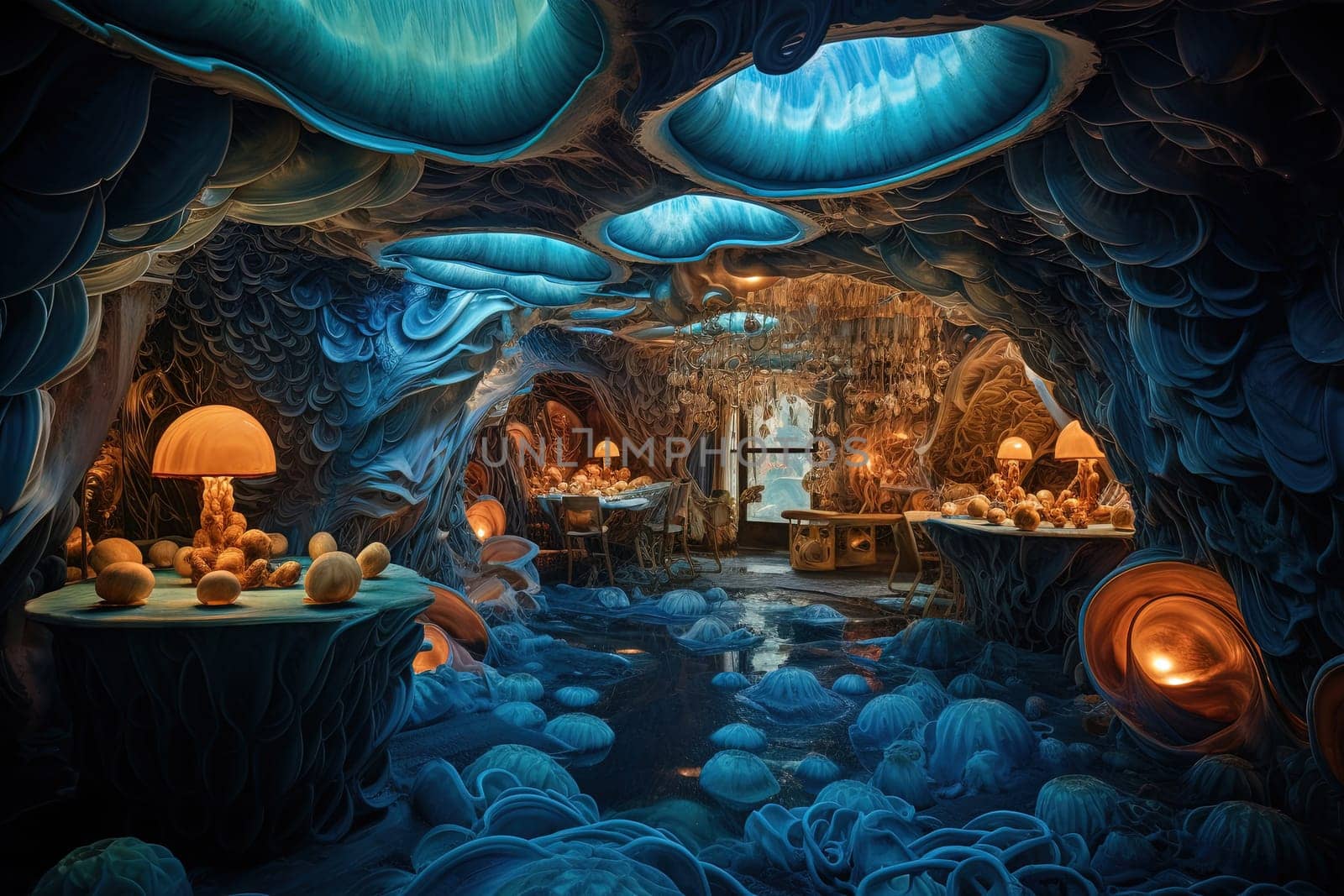 Surreal sci-fi interior of grown house. Bio technology science fiction room. Generated AI