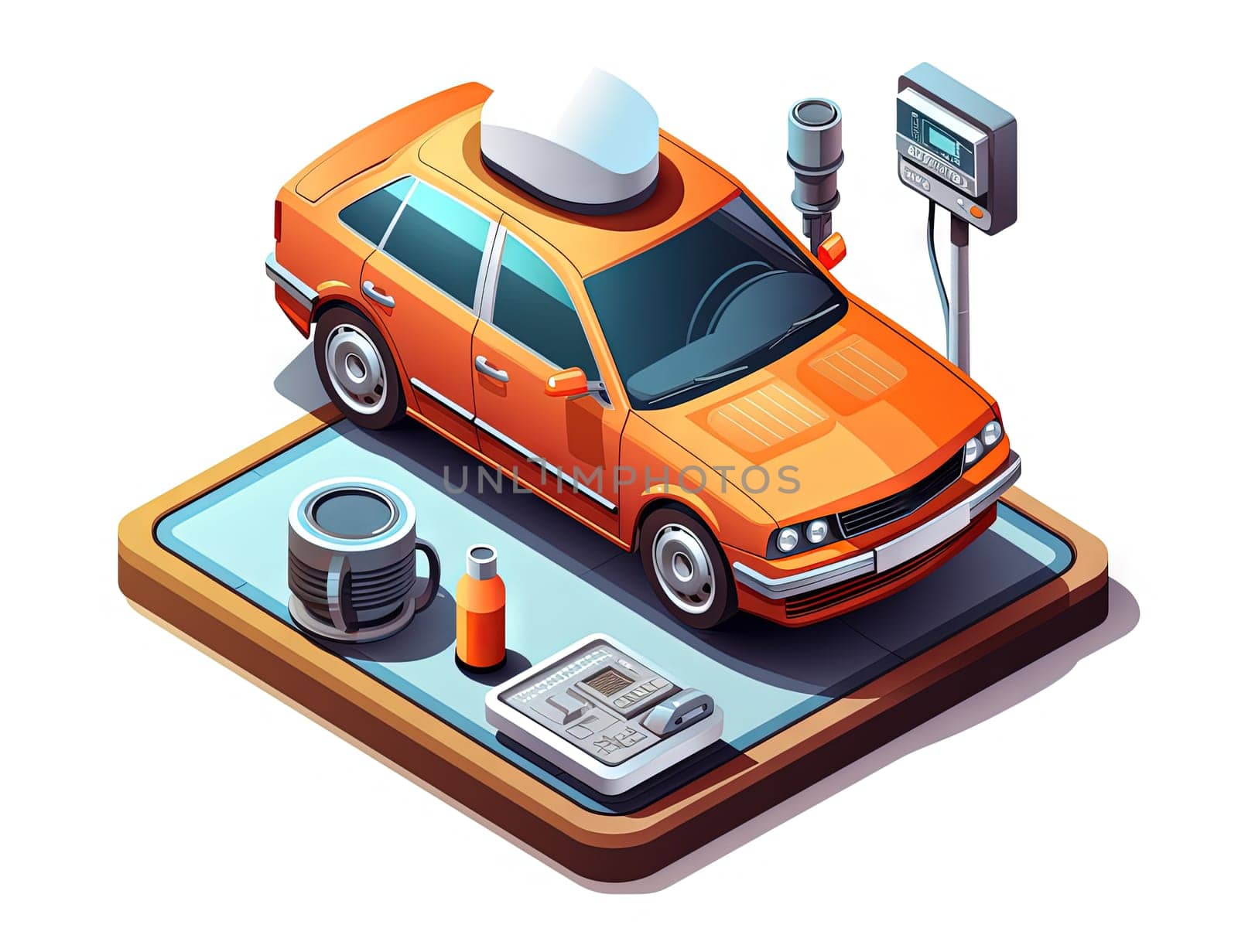 Isometric retro car travelling with elements of environment. Generated AI